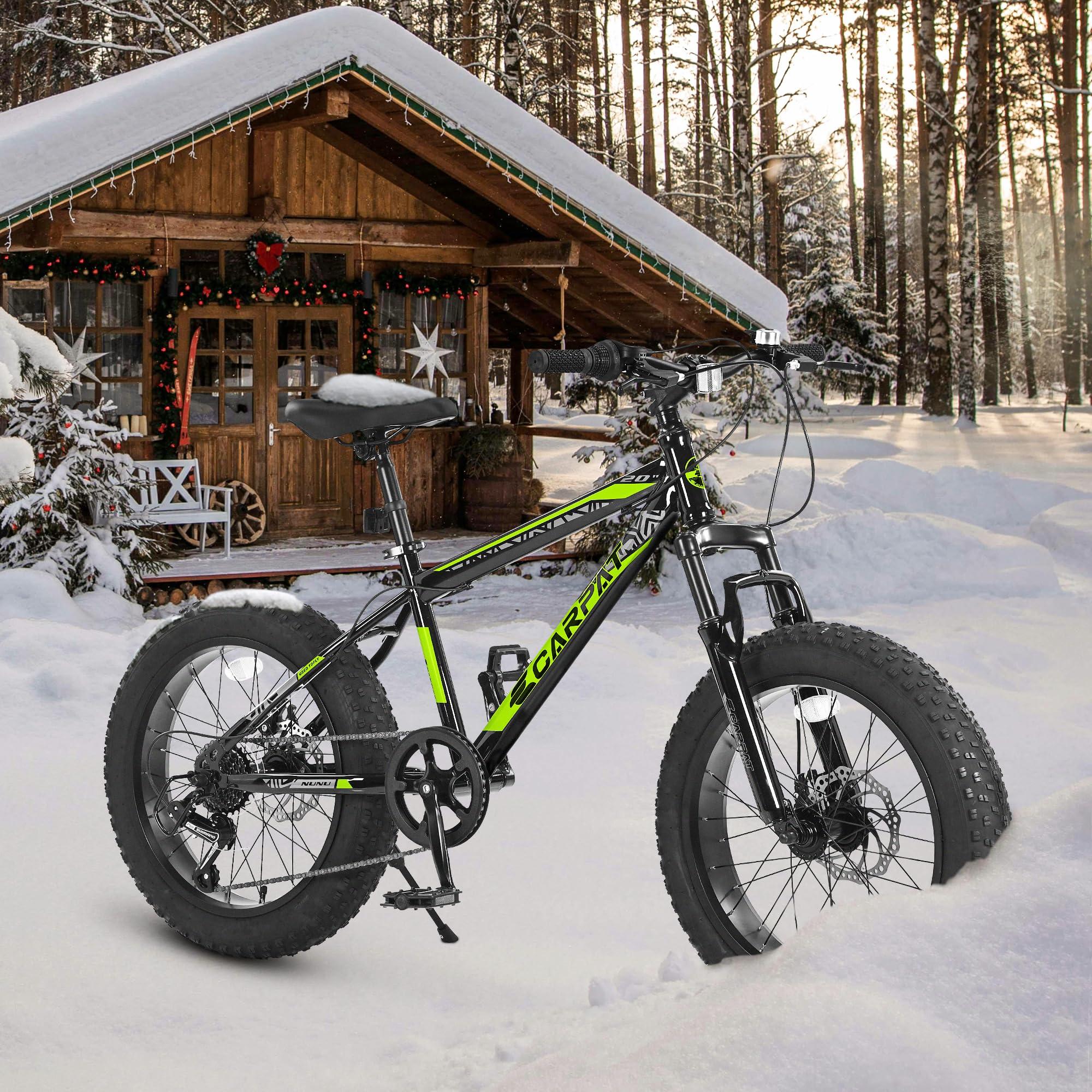 20" Kids' Fat Tire Mountain Bike with 7-Speed Drivetrain, and Shock-Absorbing Front Fork, for Ages 8-12, 63" L x 24.5" W x 35" H, Blackish Green