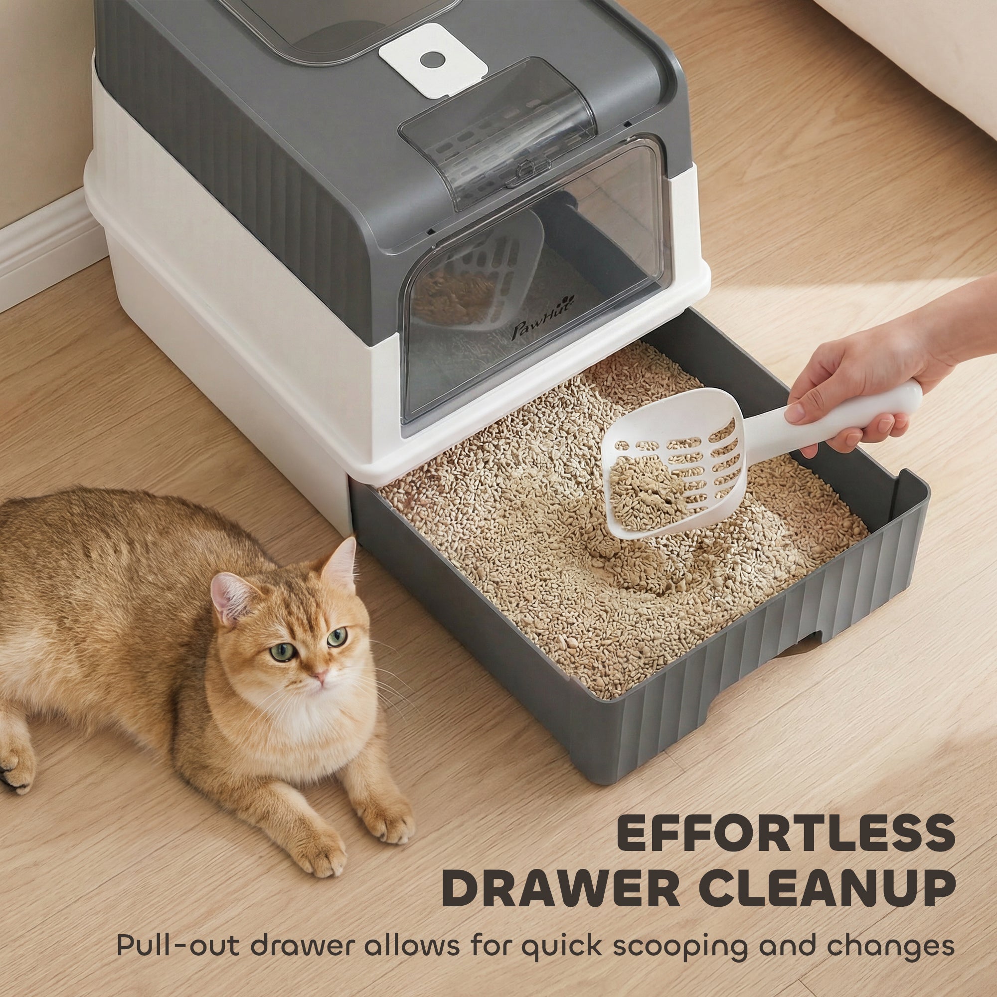 Cat Litter Box Hooded Cat Litter Tray with Drawer Pan Front Entry & Top Exit Easy Cleaning Gray