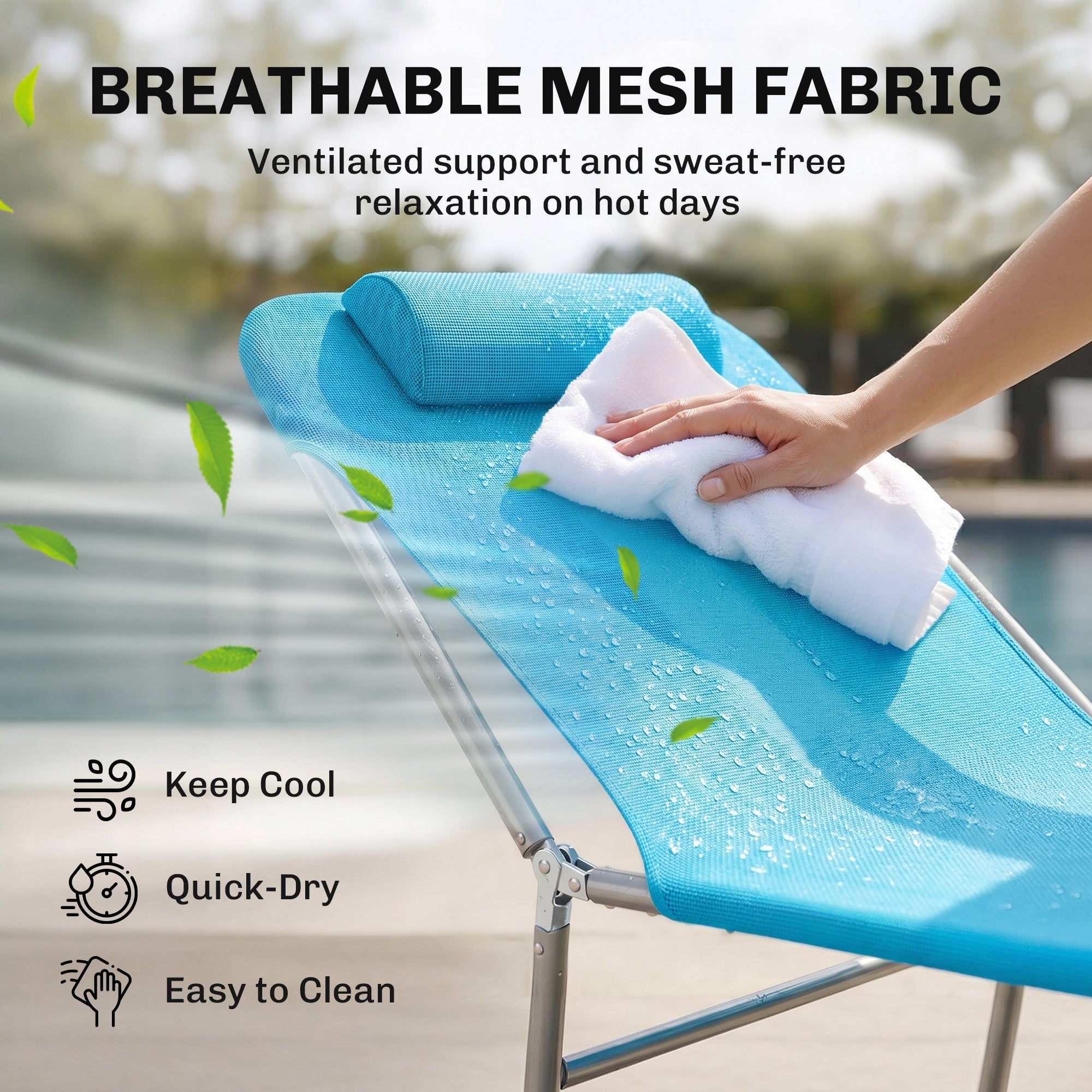 Folding Chaise Lounge Pool Chairs, Outdoor Sun Tanning Chairs with Pillow, Reclining Back, Steel Frame & Breathable Mesh for Beach, Yard, Patio, Blue