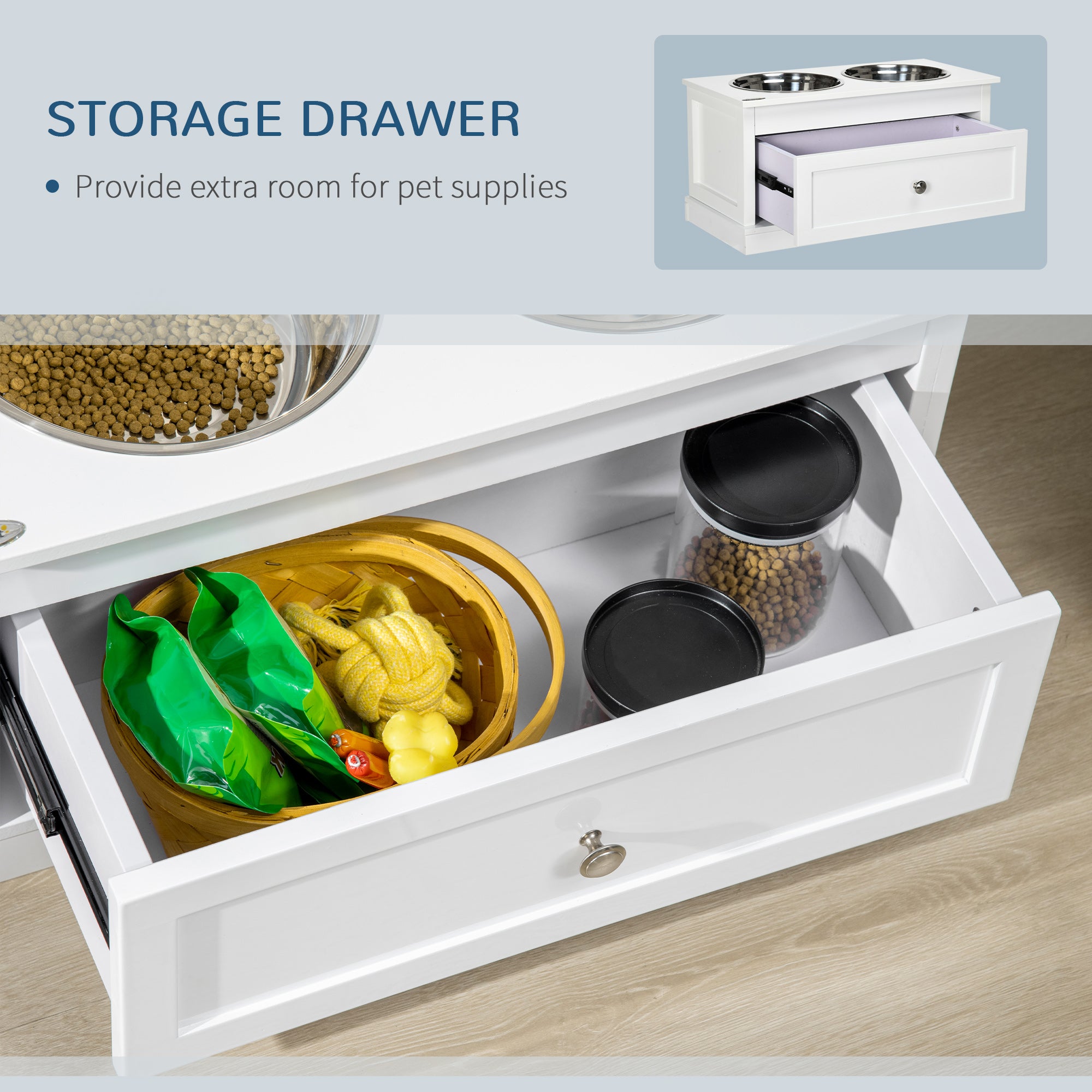 Large Elevated Dog Bowls with Storage Drawer Containing 11L Capacity, Raised Dog Bowl Stand Pet Food Bowl Dog Feeding Station, White