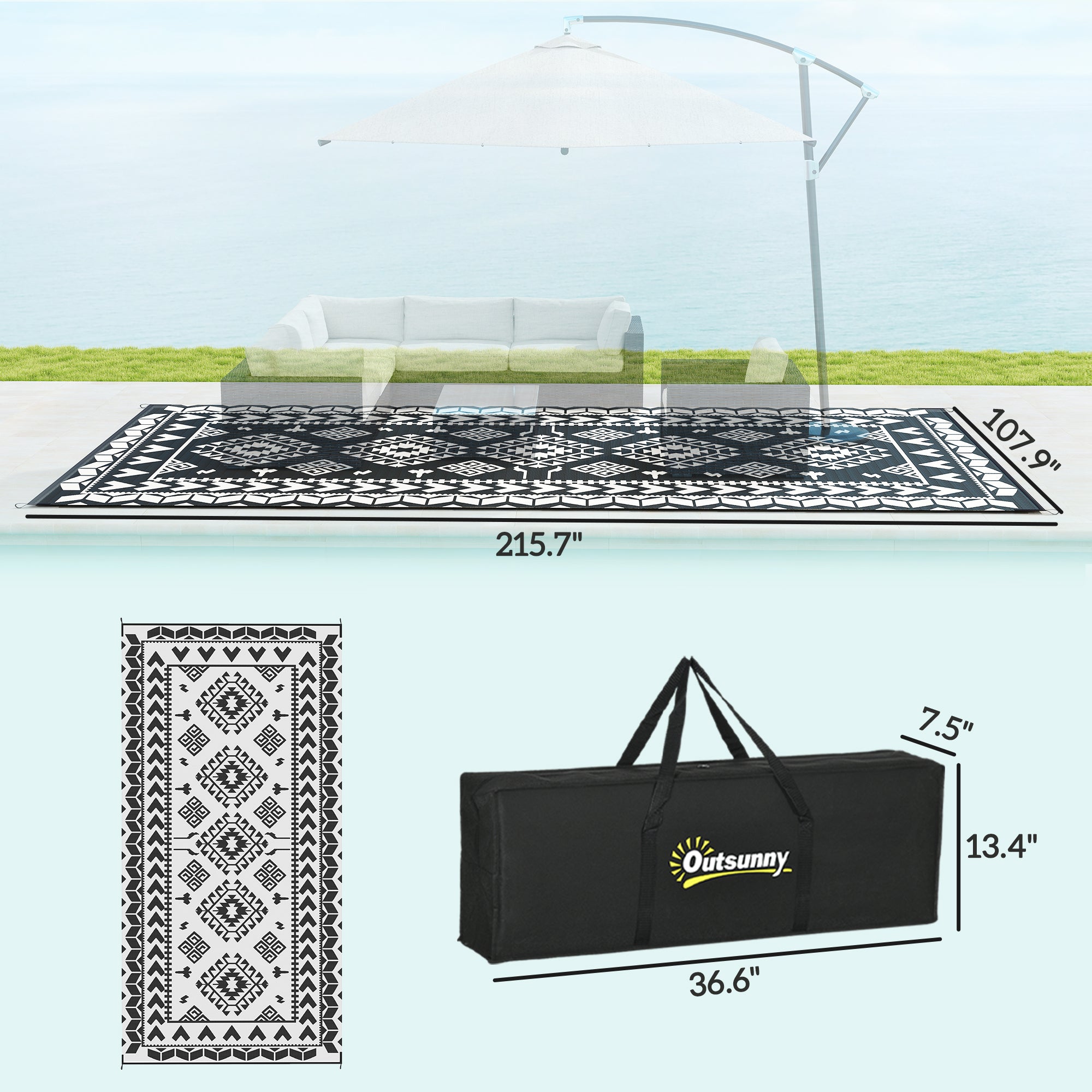 Reversible Outdoor Rug, Waterproof Plastic Straw with Carry Bag, 9' x 18', Black & White Rhombus Patchwork