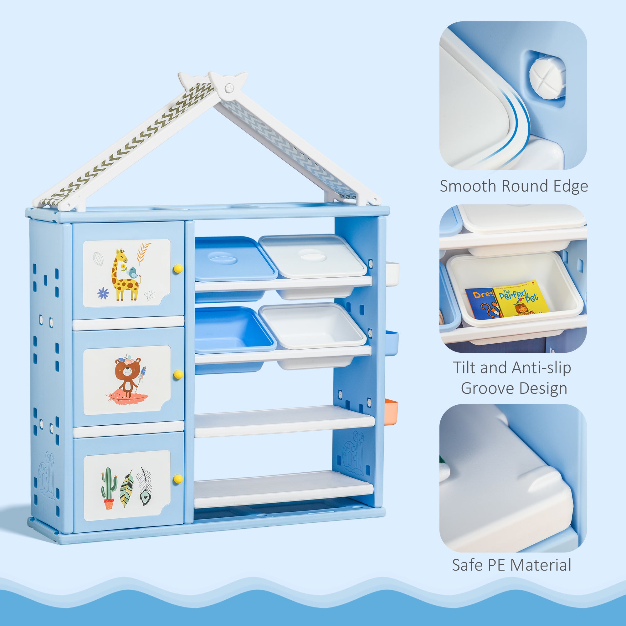 Kids Toy Storage Organizer with 4 Bins, Storage Cabinets, Bookshelf and 4-Layers Toy Collection Shelves, Blue