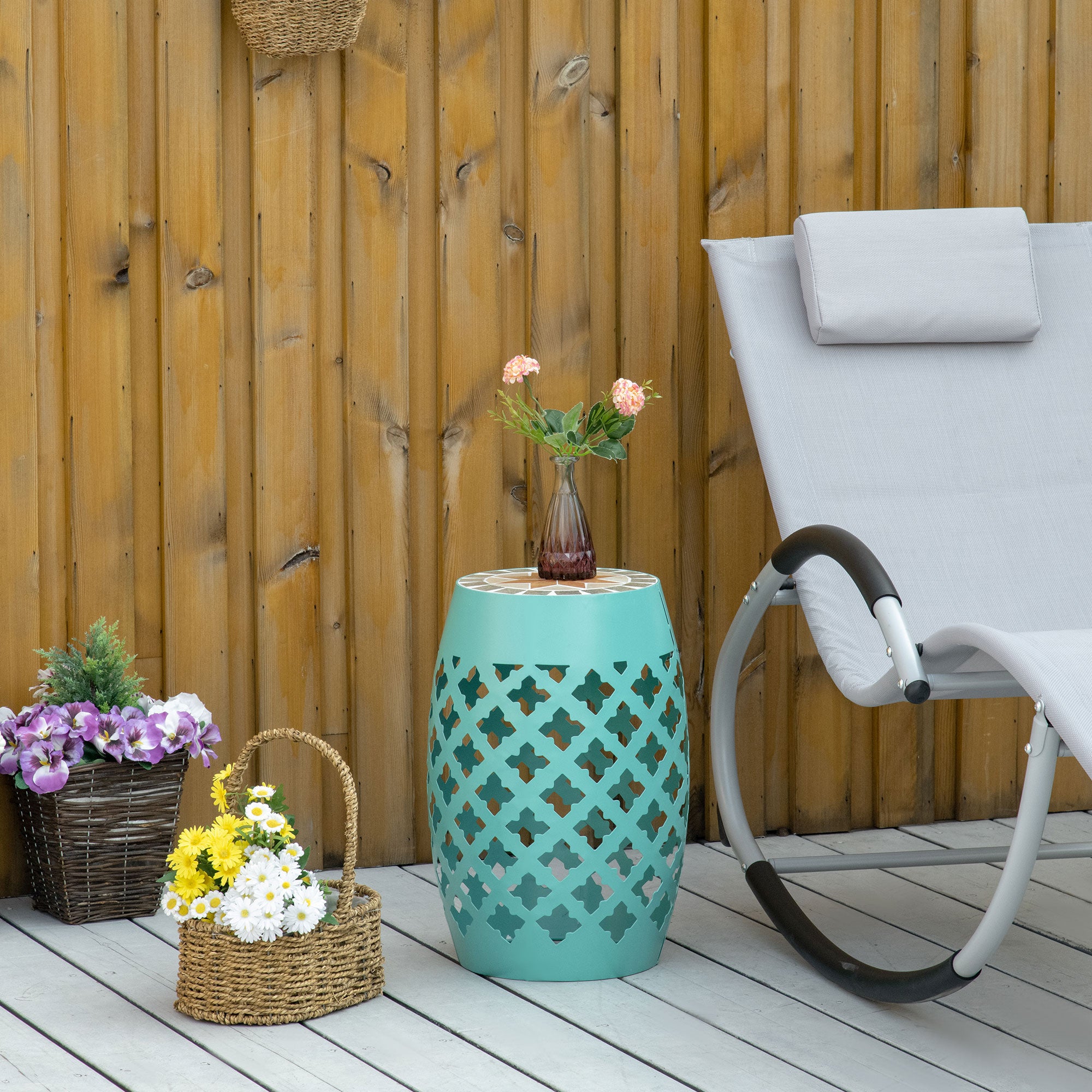 Decorative Outdoor Stool, 12" Round Patio Side Table, Mosaic Accent Plant Stand for Garden, Balcony, Blue