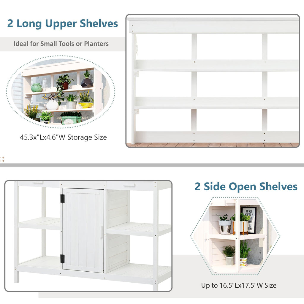 Large Wooden Potting Bench with 2 Drawer, Cabinet, Open Shelf, Farmhouse Garden Workstation for Backyard, 50'' L x 19.5'' W x 66'' H, White