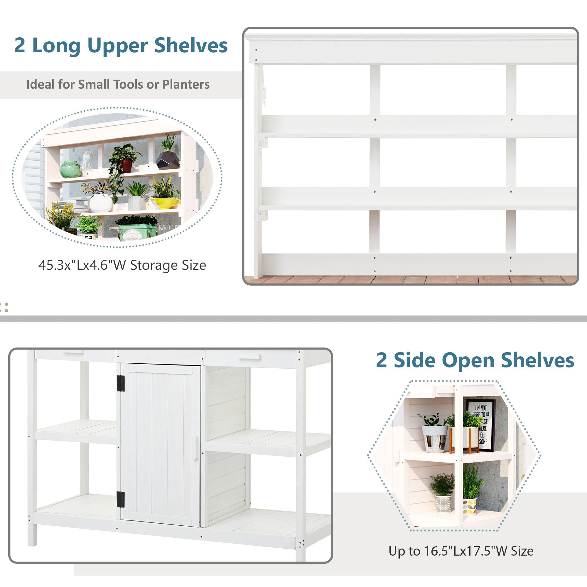 Large Wooden Potting Bench with 2 Drawer, Cabinet, Open Shelf, Farmhouse Garden Workstation for Backyard, 50'' L x 19.5'' W x 66'' H, White