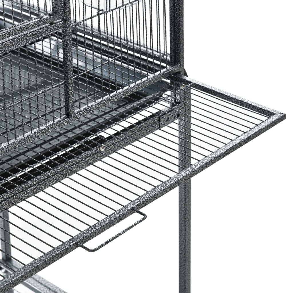 30" Rolling Metal Bird Cage Feeder with Detachable Rolling Stand, Storage Shelf, Wood Perch & Food Container