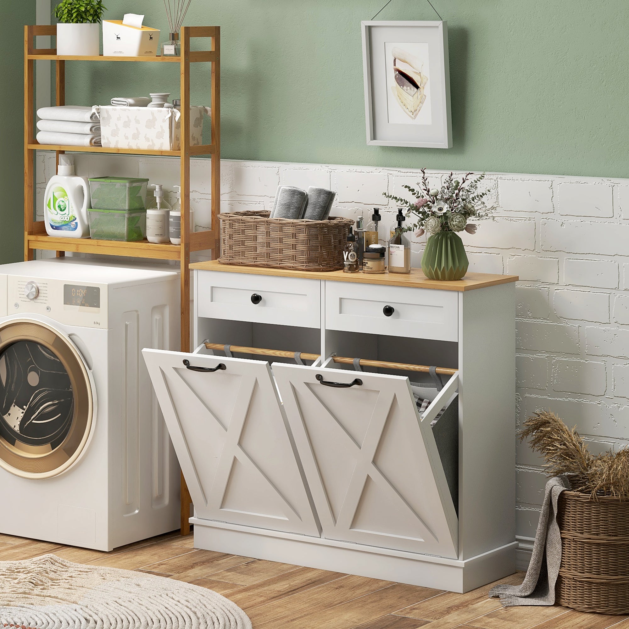 Tilt Out Laundry Hamper Cabinet, Bathroom Storage Cabinet with 2 Removable Baskets and 2 Drawers, White