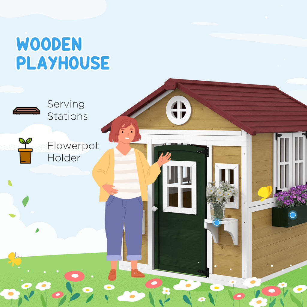 Wooden Playhouse for Kids Outdoor with Doors, Windows, Planter Pots and Boxes for Toddlers 3-8 Years, Beige
