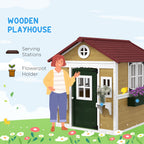 Wooden Playhouse for Kids Outdoor with Doors, Windows, Planter Pots and Boxes for Toddlers 3-8 Years, Beige