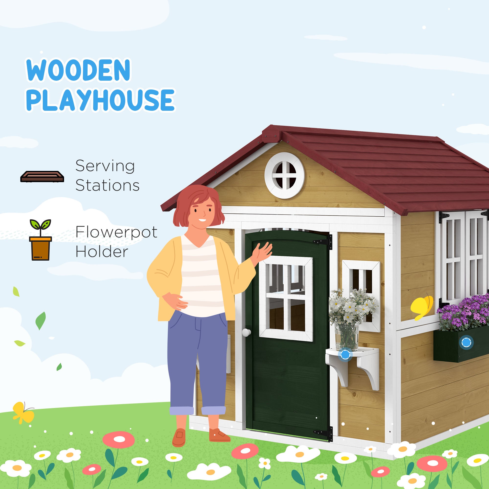 Wooden Playhouse for Kids Outdoor with Doors, Windows, Planter Pots and Boxes for Toddlers 3-8 Years, Beige
