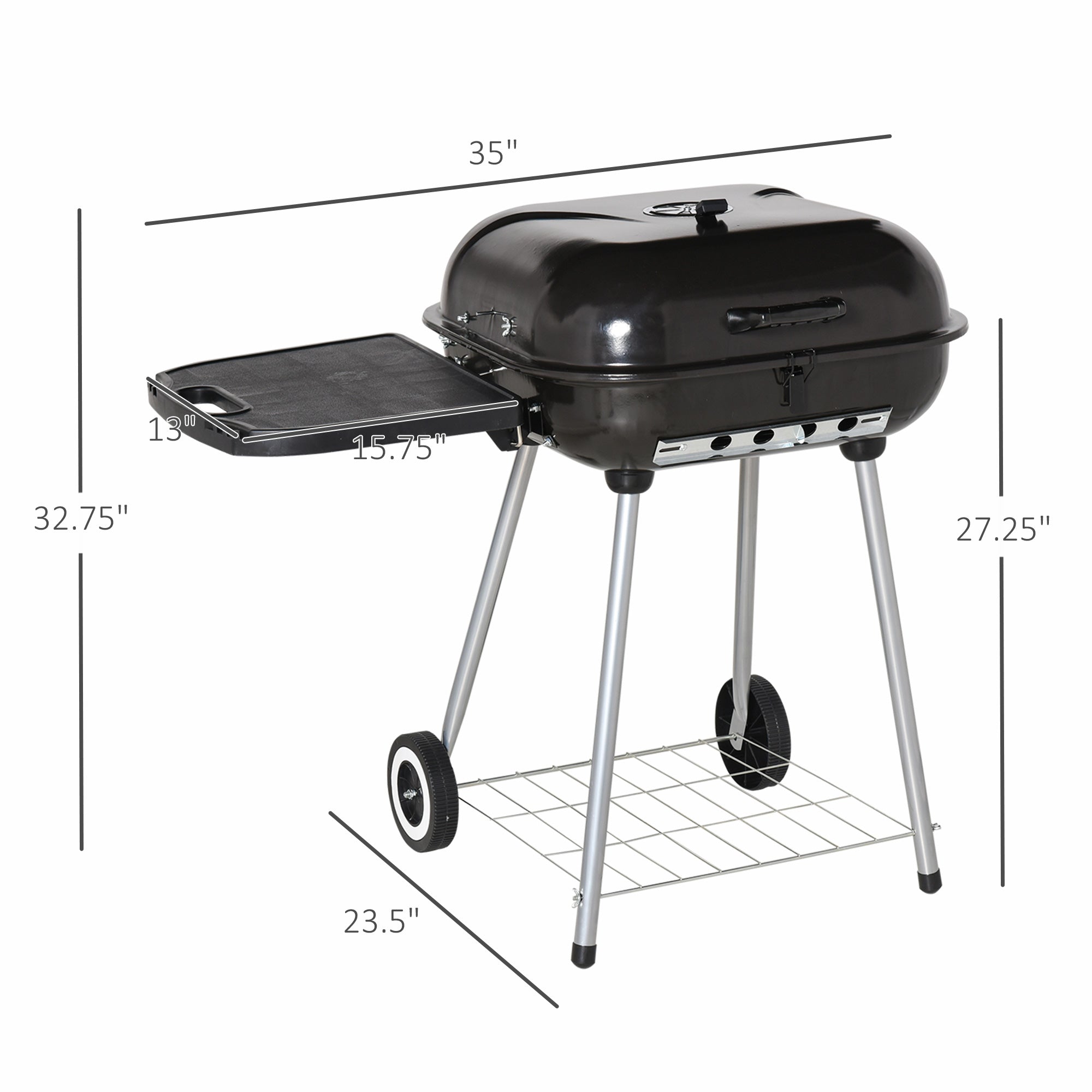 22" Charcoal Barbecue Grill with Portable Wheel, Side Tray and Lower Shelf for Outdoor BBQ for Garden, Backyard, Poolside