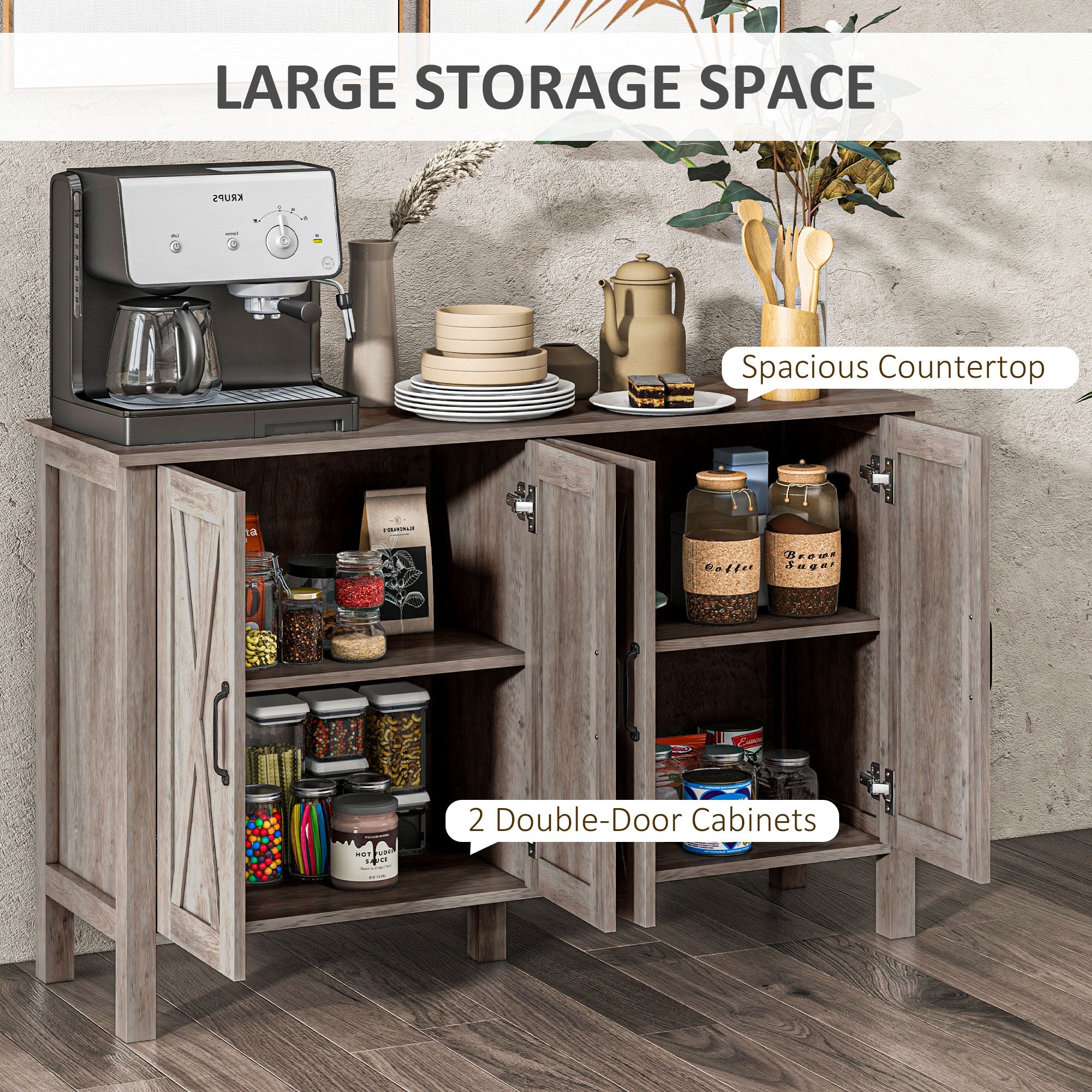 Sideboard Buffet with 4 Barn Doors and 2 Adjustable Shelves, Kitchen Buffet Cabinet for Living Room, Hallway, Gray