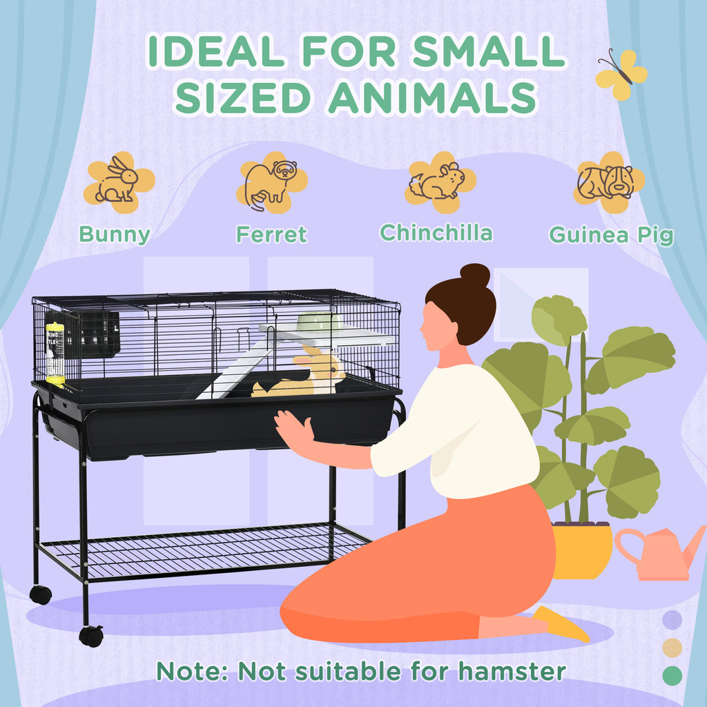 Two-Story Small Animal Cage Removable from Stand, Guinea Pig Cage with Shelf & Wheels, Pet Habitat for Hedgehog, Chinchilla, Ferret, 39" x 20.5" x 36.5", Black