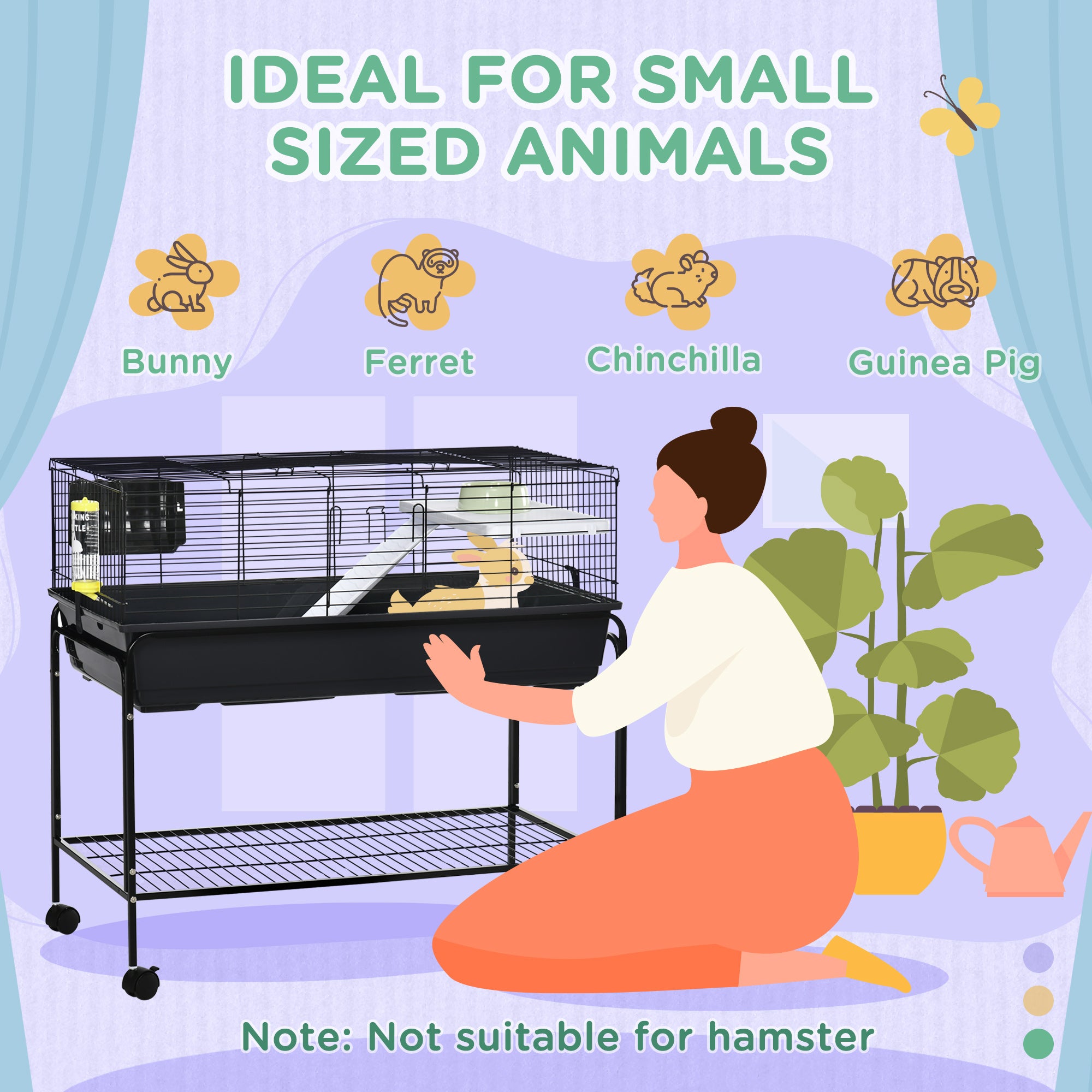 Two-Story Small Animal Cage Removable from Stand, Guinea Pig Cage with Shelf & Wheels, Pet Habitat for Hedgehog, Chinchilla, Ferret, 39" x 20.5" x 36.5", Black