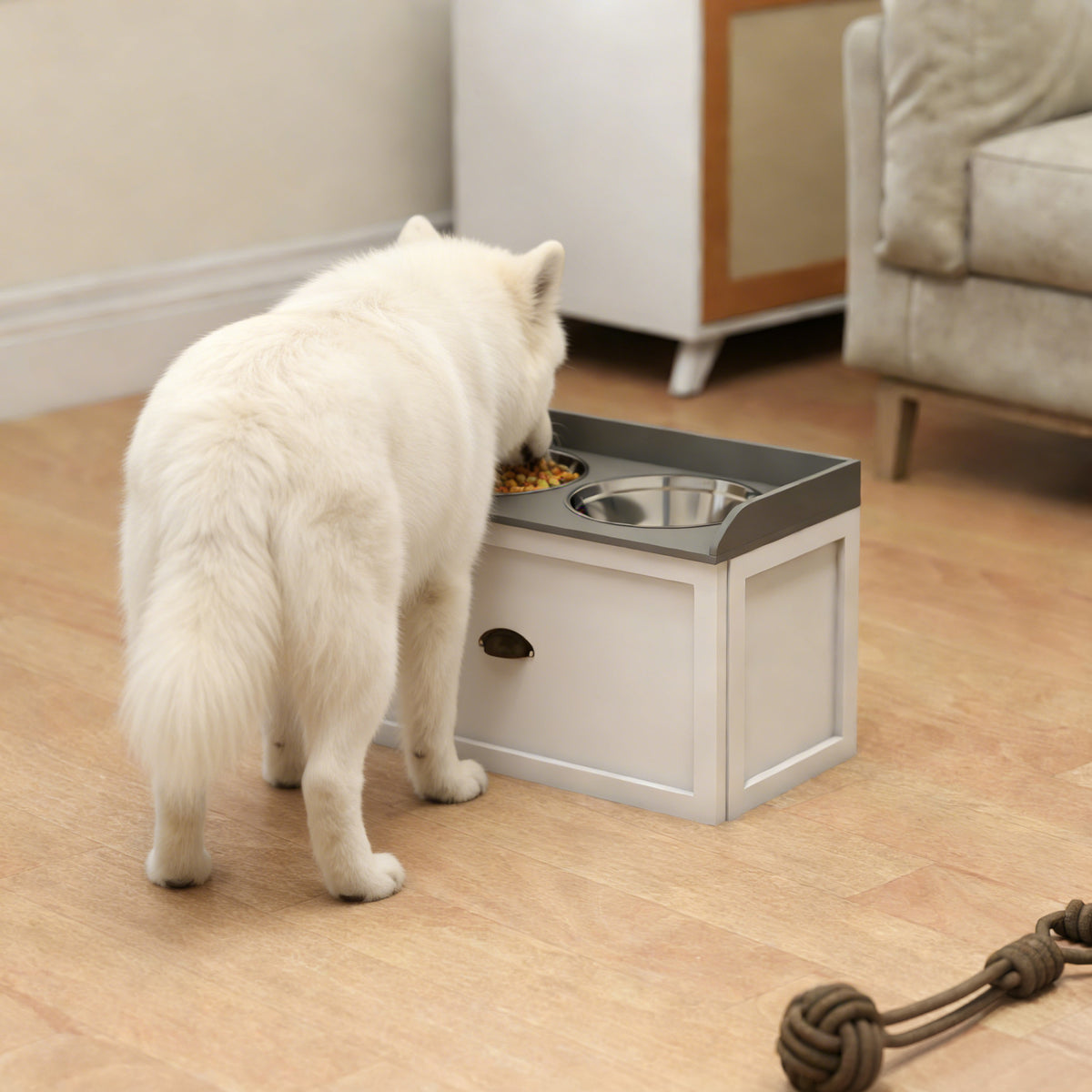 Pet Feeding Station Pet Dish Bowl Set with Storage, 2 Elevated Dog Bowls for Large Sized Dogs, White