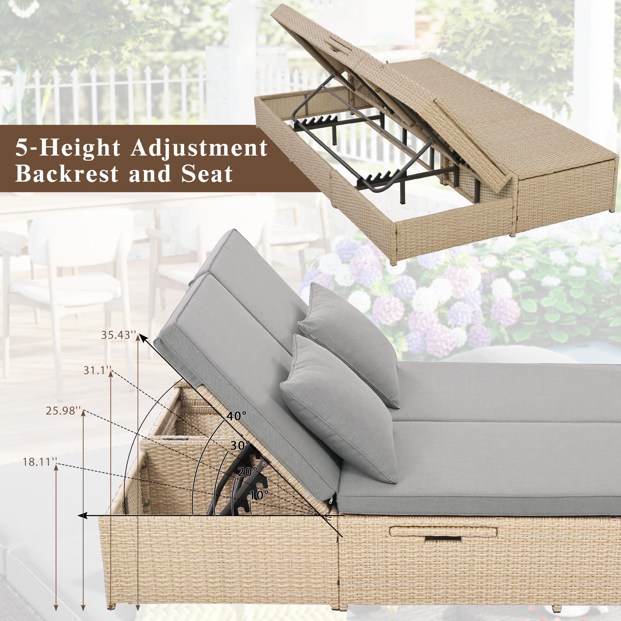 Outdoor Patio Sunbed with Adjustable Backrest & Side Tray, Wicker Rattan Lounger with Thick Cushion, 47" L x 29.5" W x 15" H, Brown