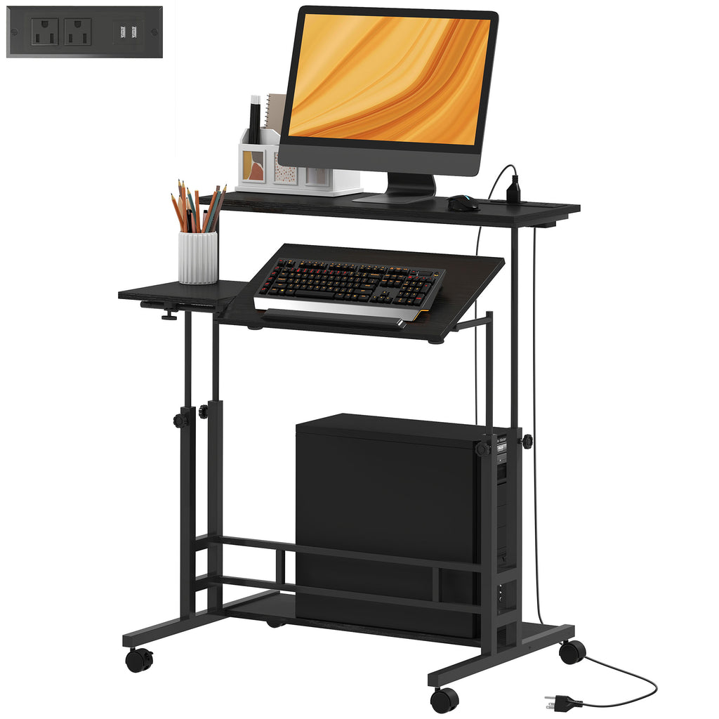 Adjustable Standing Desk with Power Outlets, Stand Up Desk with Tiltable Tabletop, Wheels, Shelf, for Home Office, Black