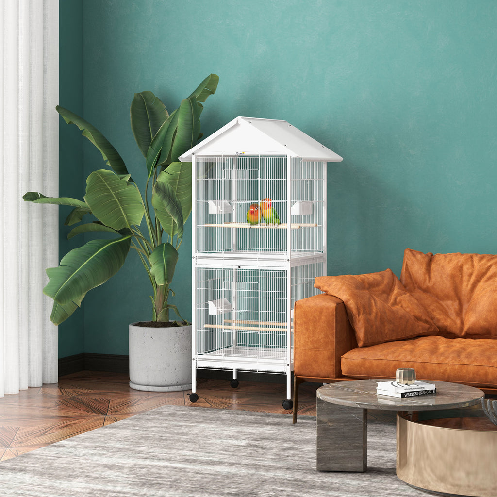 Wrought Metal Bird Cage Feeder with Rolling Stand Perches Food Containers Doors Wheels 67" H, White