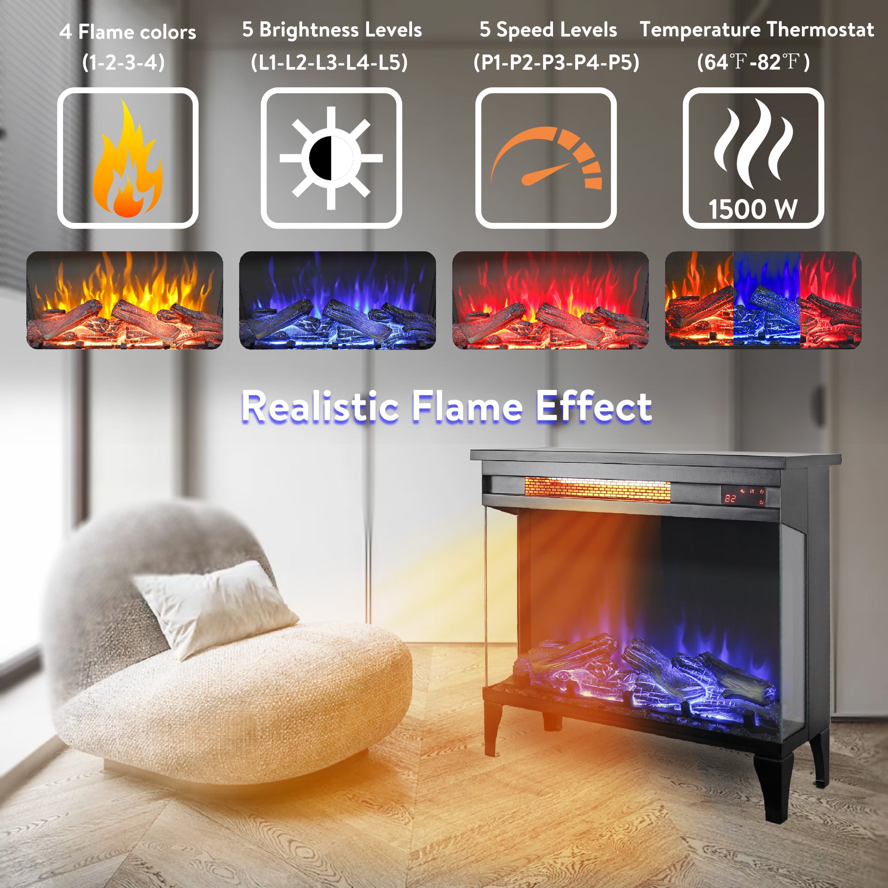 24" Freestanding Design 3-Sided Glass Electric Fireplace with Remote Control, Adjustable Flame Effects, and Easy Installation, Antique Black