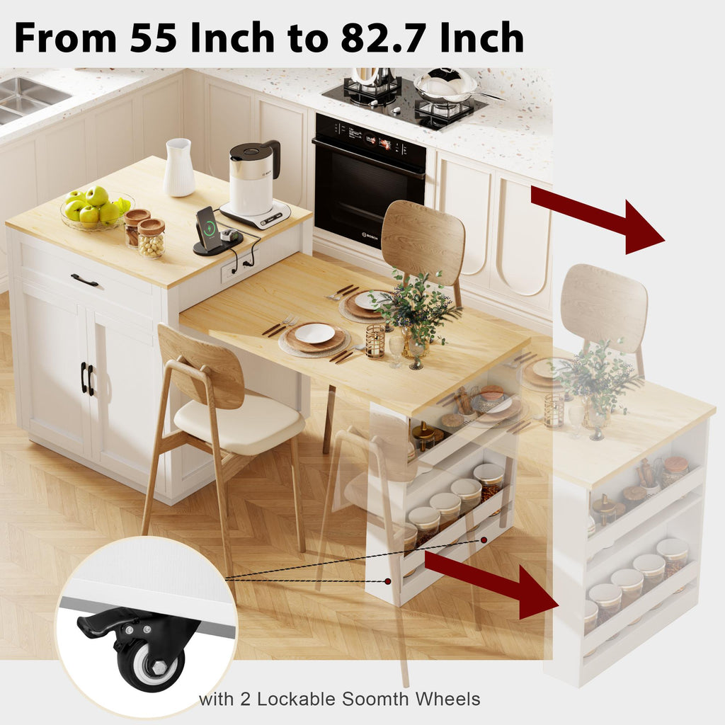 Kitchen Island with Extendable Table, Double-Sided Storage, Power Outlet, Adjustable Shelves, Lockable Wheels, 83" L x 27.5" W x 36" H, White Oak