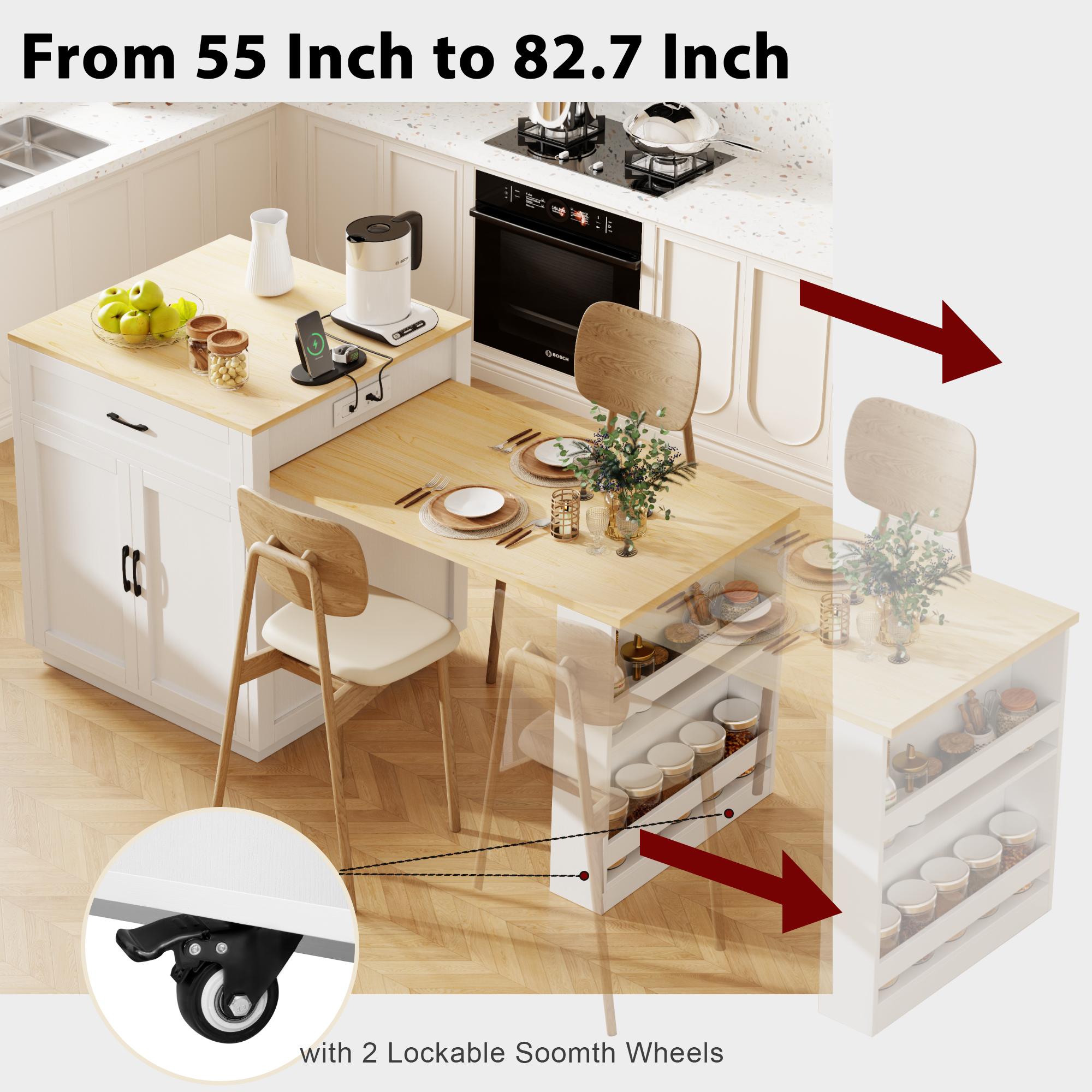 Kitchen Island with Extendable Table, Double-Sided Storage, Power Outlet, Adjustable Shelves, Lockable Wheels, 83" L x 27.5" W x 36" H, White Oak