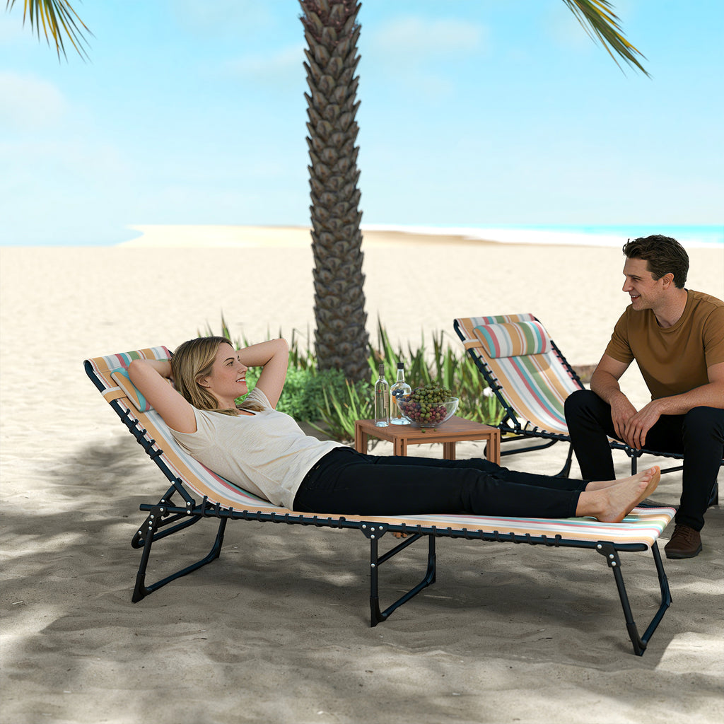 Folding Chaise Lounge Pool Chair with 4-Position Reclining Back, Pillow, Breathable Mesh & Bungee Seat, Rainbow Striped