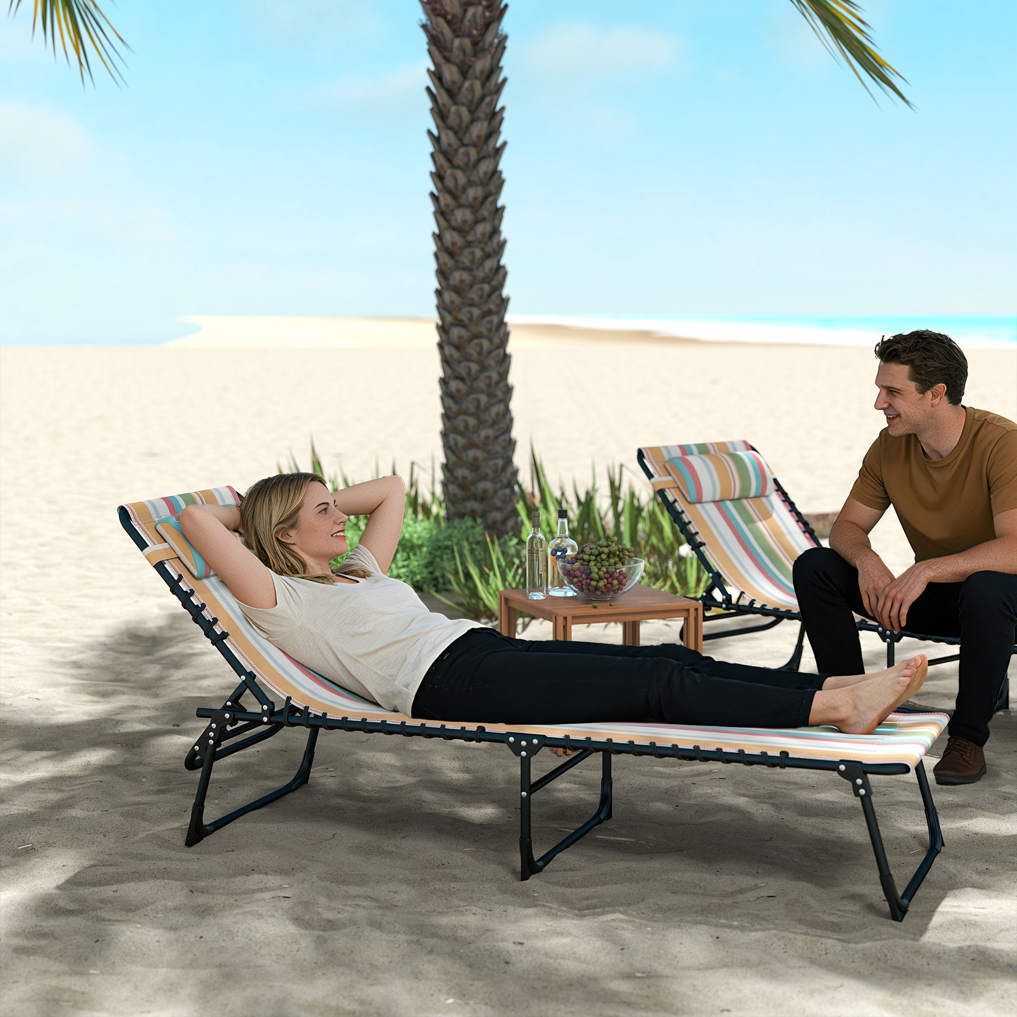 Folding Chaise Lounge Pool Chair with 4-Position Reclining Back, Pillow, Breathable Mesh & Bungee Seat, Rainbow Striped