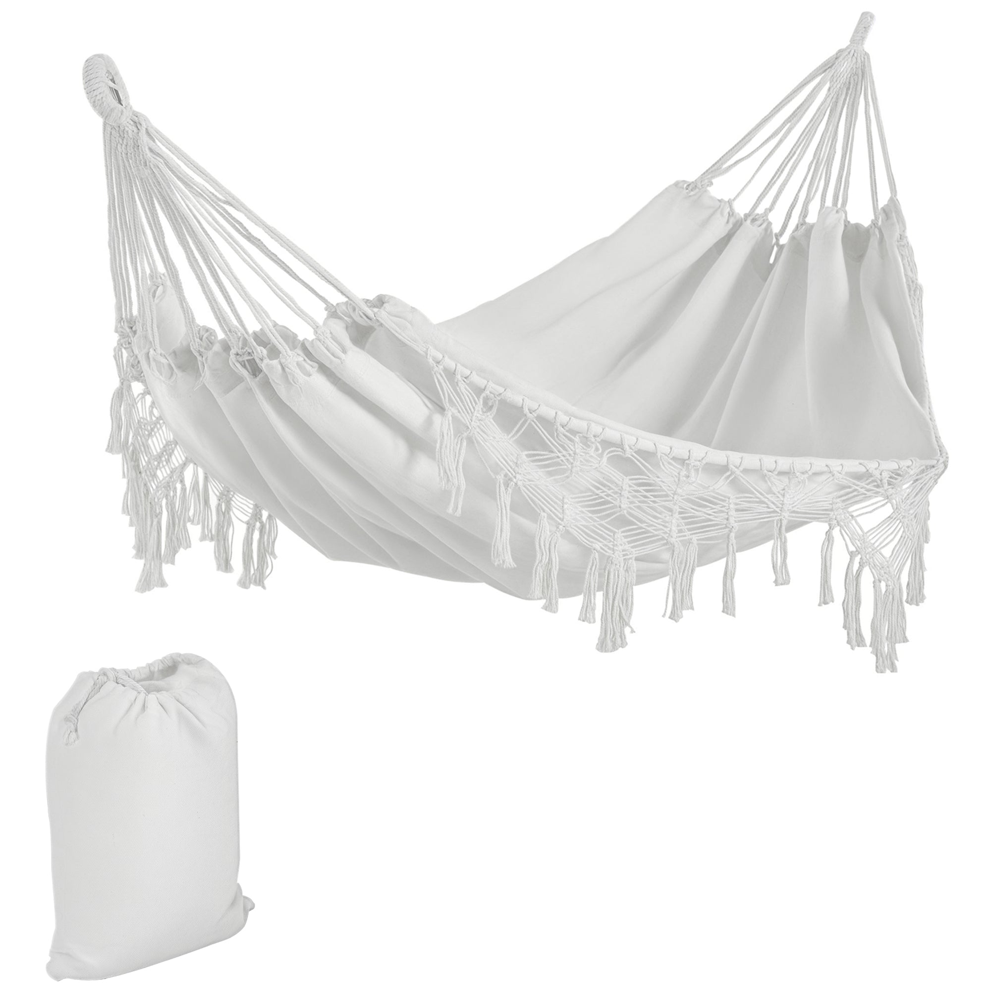 Extra Large Boho Hammock with Macrame Tassel Fringe, Includes Carrying Bag, Indoor Outdoor Tree Hammock, White