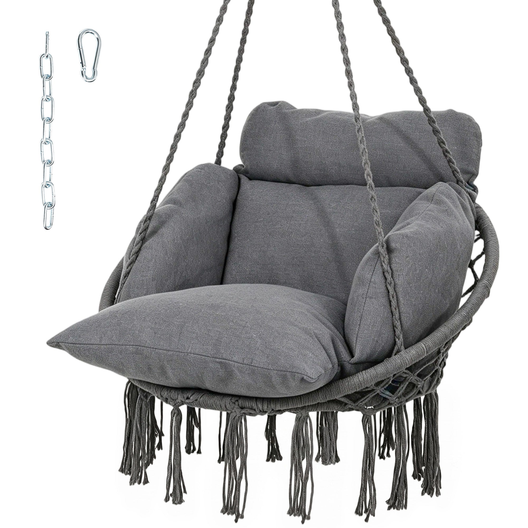Hammock Swing Chair, Macrame Hanging Chair with Large Cushion, Chain, Steel Frame for Indoor Outdoor Use, Dark Gray