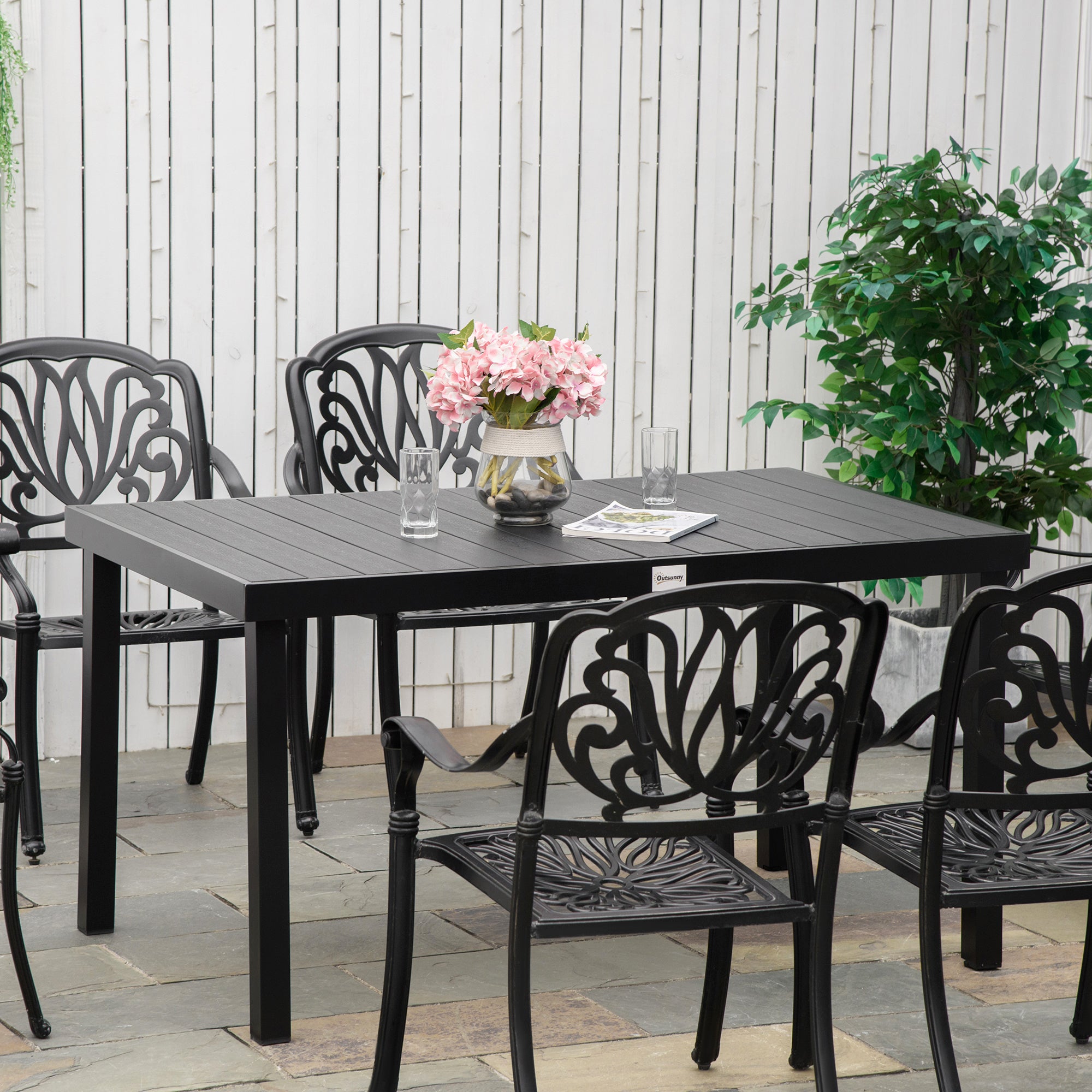 Outdoor Dining Table for 6 Person, Rectangular Patio Table, Aluminum Metal Legs for Garden, Lawn, Patio, Woodgrain Black
