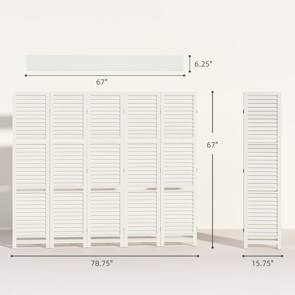 5 Panel 67" Tall Wood Privacy Screen Room Divider with 3 Shelves and Folding Storage for Bedroom, White