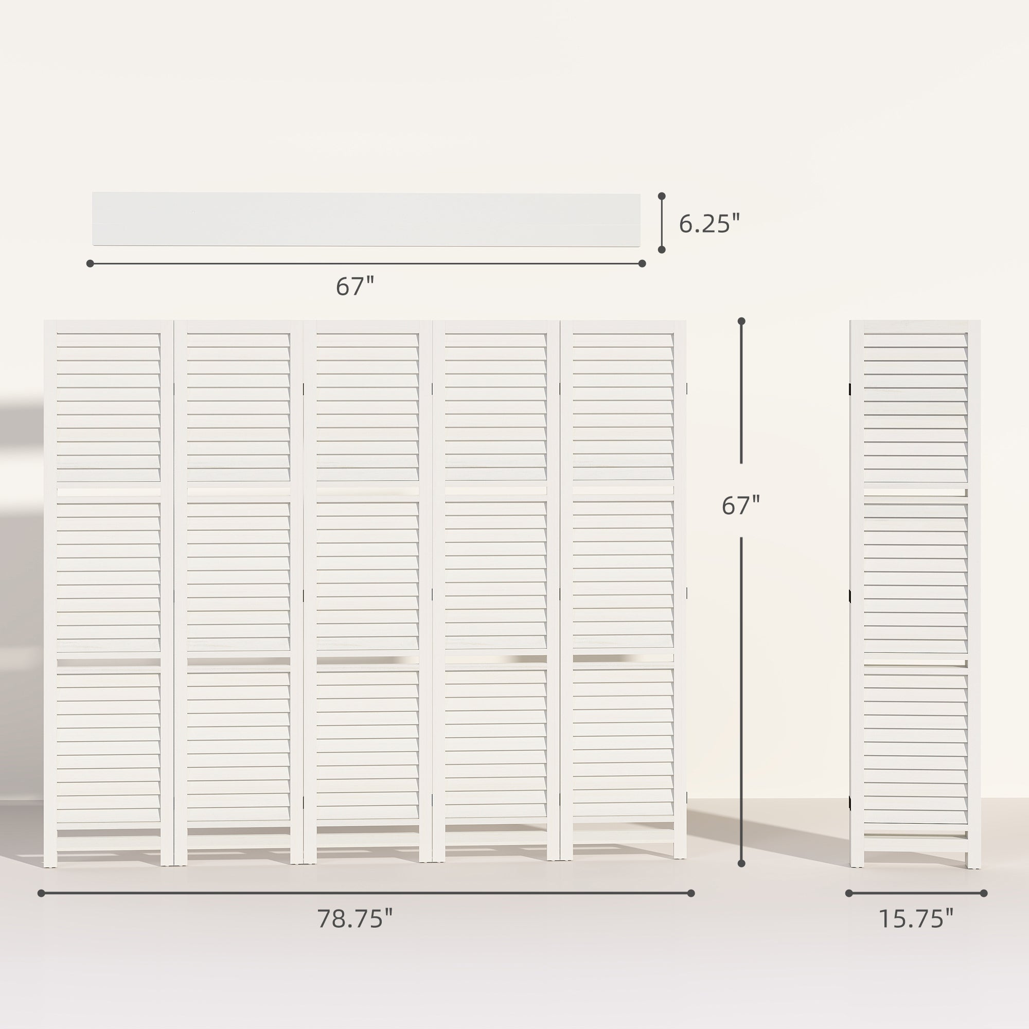 5 Panel 67" Tall Wood Privacy Screen Room Divider with 3 Shelves and Folding Storage for Bedroom, White