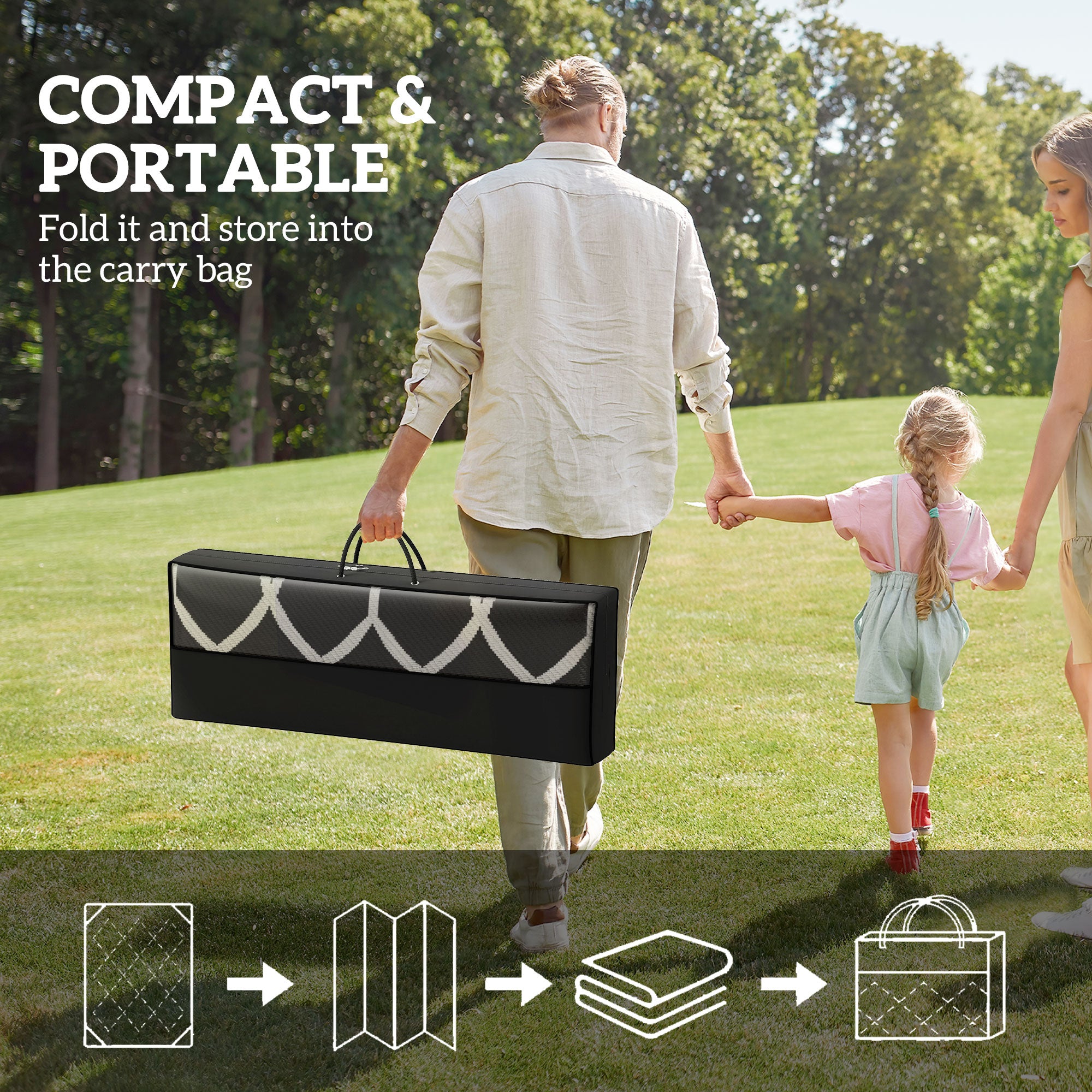 Reversible Outdoor Rug, Waterproof Plastic Straw with Carry Bag, 9' x 18', Black & White Lantern