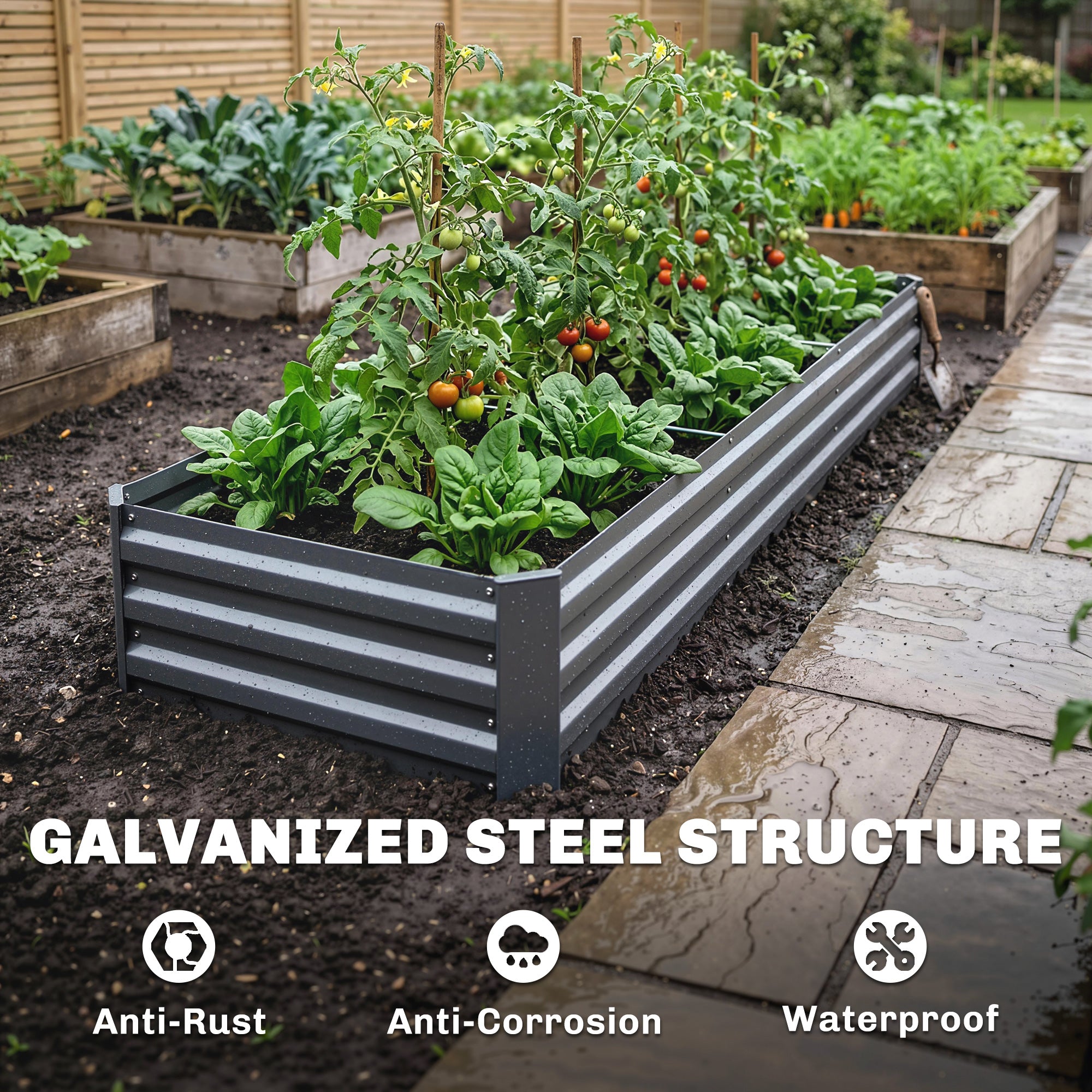8x2x1ft Galvanized Raised Garden Bed Kit with Safety Edging for Flowers, Herbs and Vegetables, Dark Gray