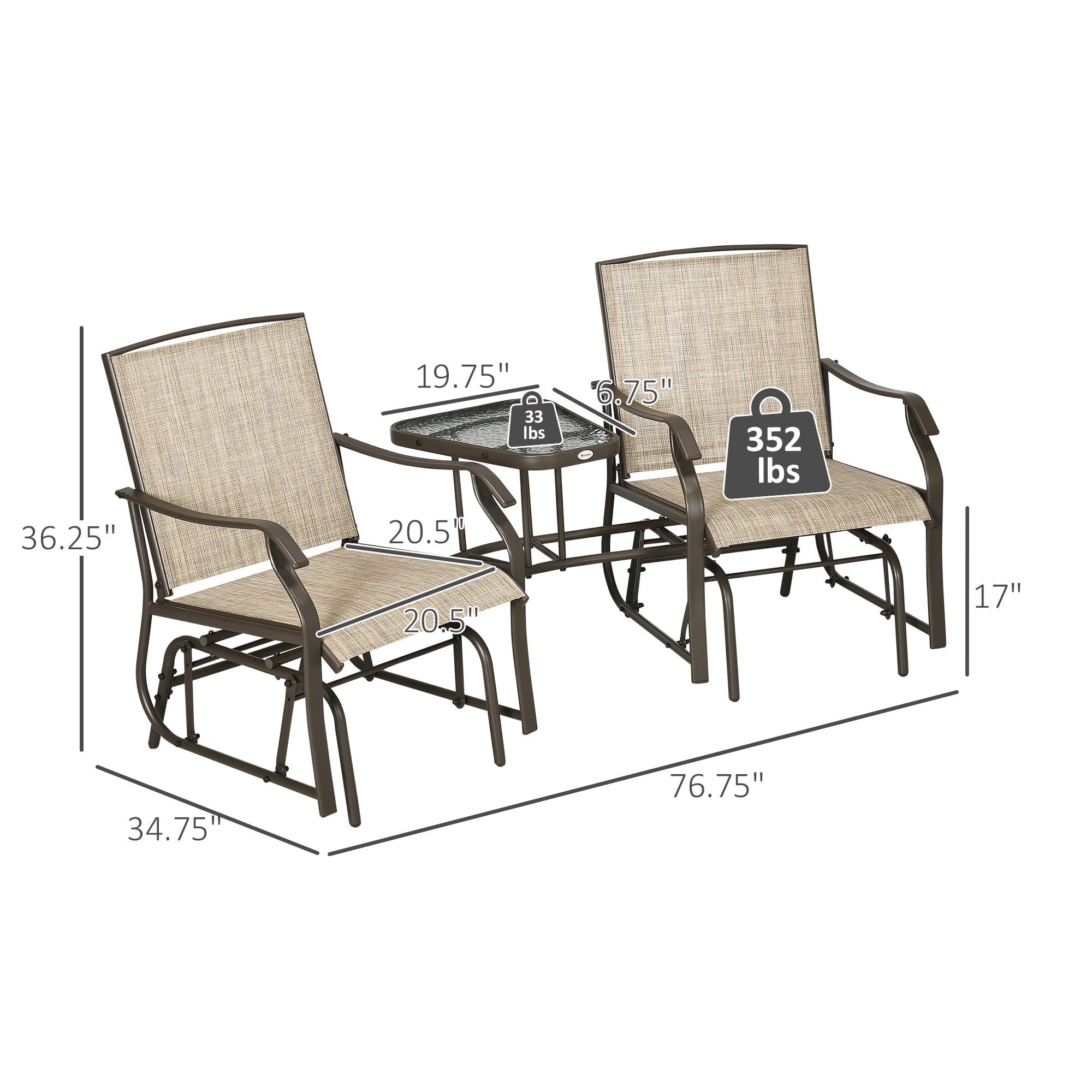 Outdoor Glider Chairs with Coffee Table, Patio 2-Seat Rocking Chair Swing Loveseat with Breathable Sling for Backyard, Garden, and Porch, Light Brown