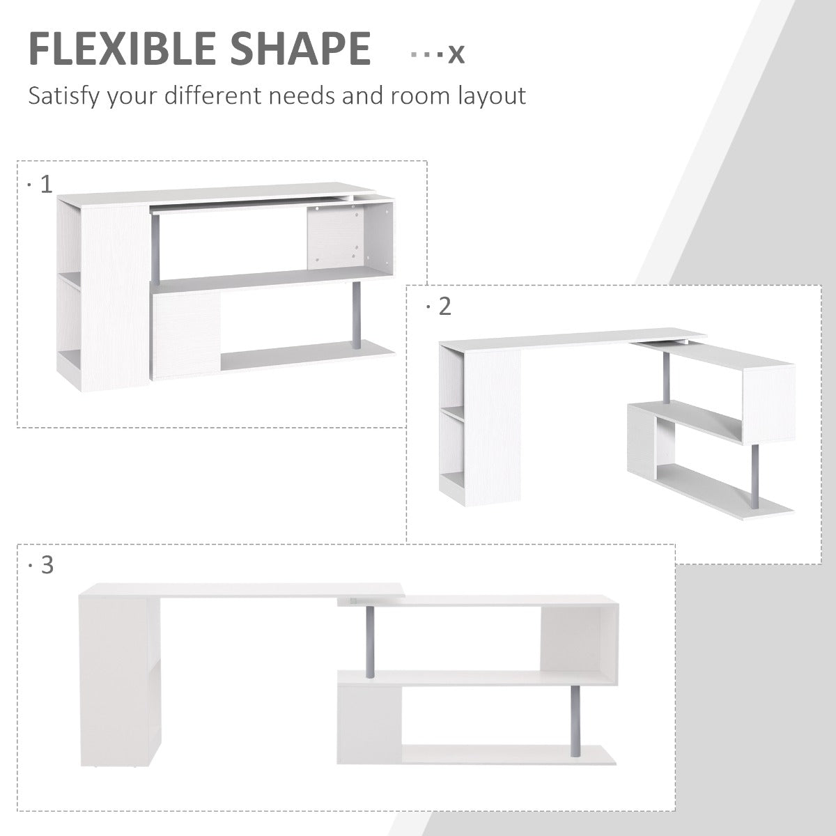 55" 360° Rotating Corner Computer Desk Modern L-Shaped Home Office Workstation with 3-Tier Storage Shelves, Bookshelf, White