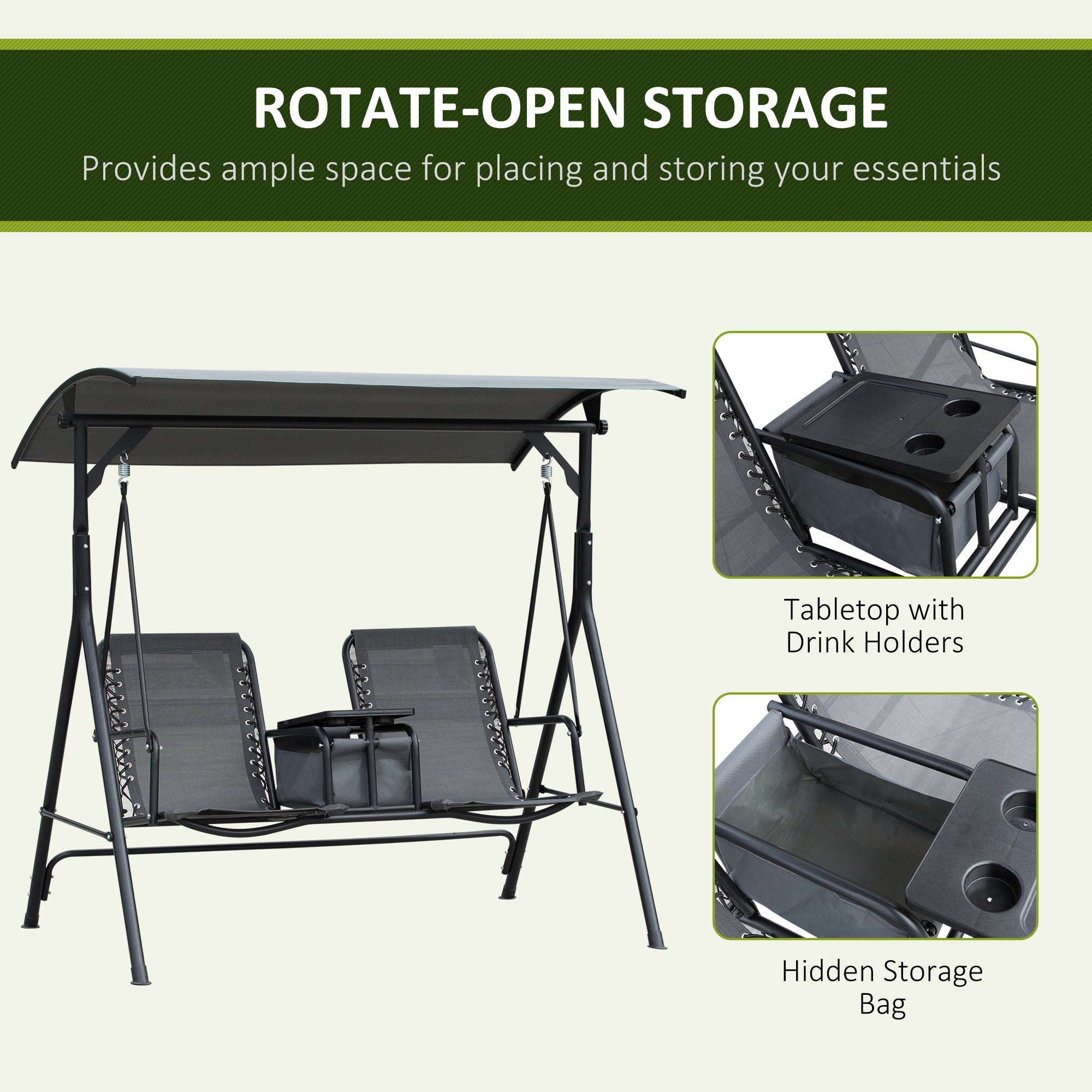 2-Seat Outdoor Porch Swing, with Pivot Storage Table, Cup Holder, & Adjustable Overhead Canopy, Stand's Skid-Resistant Feet Pad, Breathable Mesh Seat, Steel Frame, for Patio, Gray