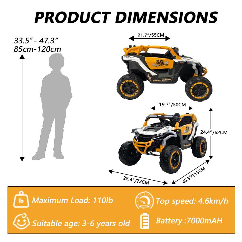 12V 2-Seater Kids Electric UTV Ride-On with Remote Control, Electric Go-Kart with Music & Flashlights, 45.5" L x 28.5" W x 24.5" H, Yellow+White