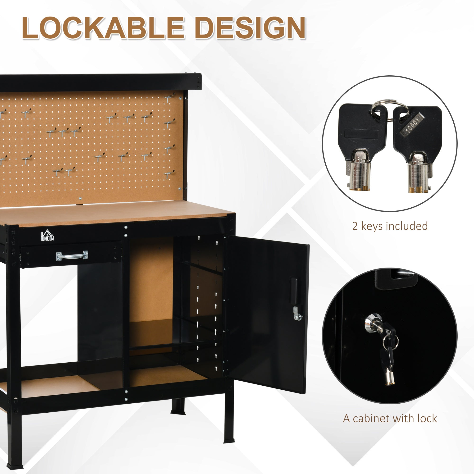 Multipurpose Workbench, Workshop Tool Table with Slide Drawer, Peg Board, Storage Cabinet with Keys