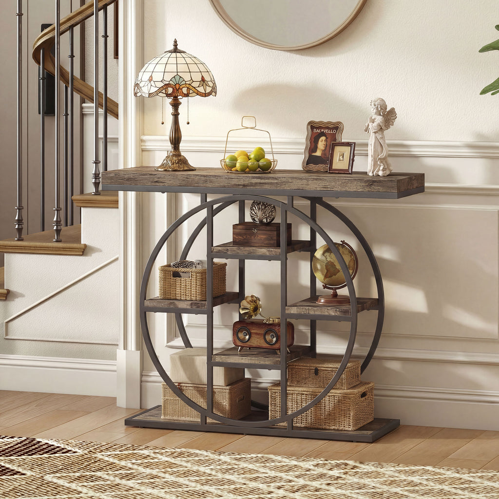 39.4" Console Table with Storage Shelves, Industrial Sofa Table for Living Room, Hallway, Rustic Oak