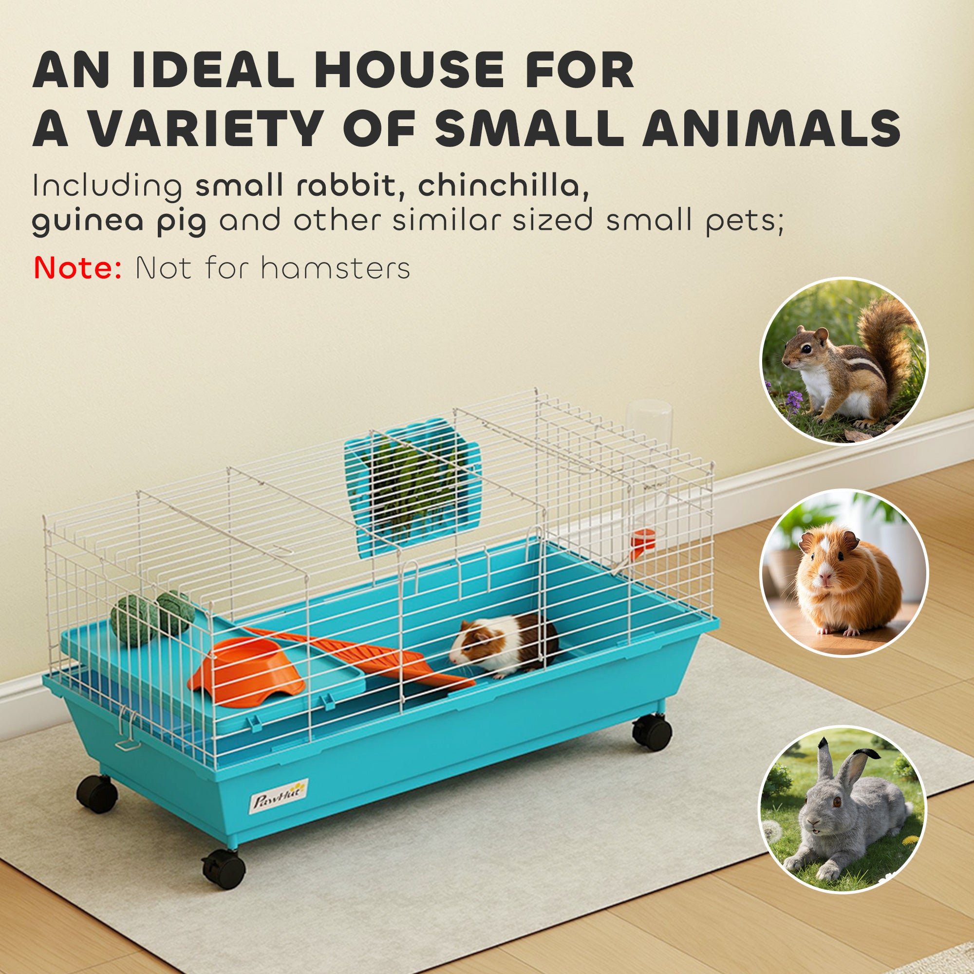 35"L Small Animal Cage, Rolling Bunny Cage, Guinea Pig Cage with Wheels, Food Dish, Water Bottle, Hay Feeder, Blue