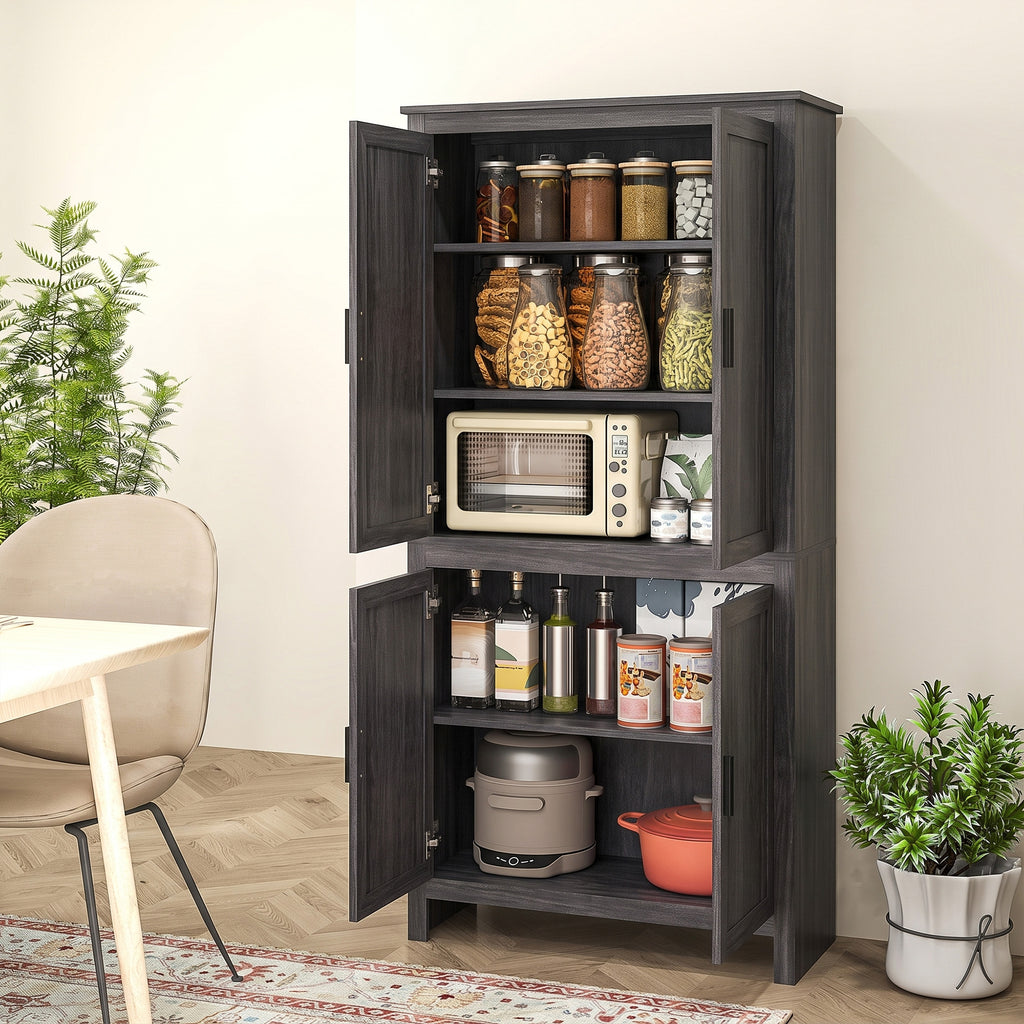 64" 4-Door Kitchen Pantry, Freestanding Storage Cabinet with 3 Adjustable Shelves for Kitchen, Gray Oak