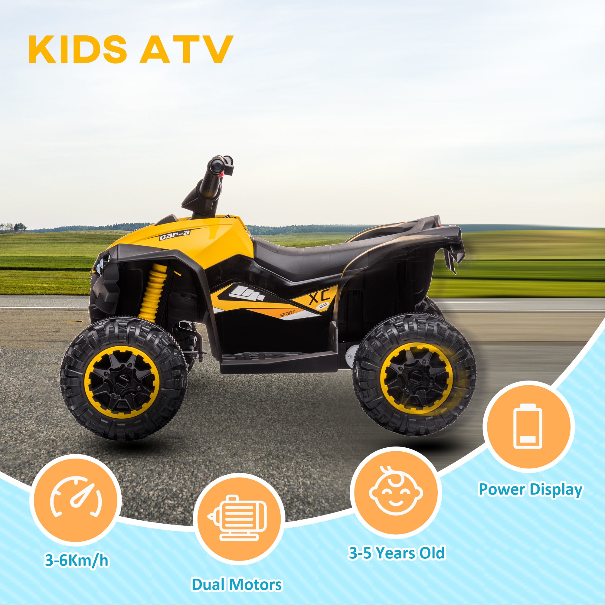 12V Kids ATV Quad Car with Forward & Backward Function, Four Wheeler for Kids with Wear-Resistant Wheels, Music, Electric Ride-on ATV for Toddlers Ages 3+ Years Old, Yellow
