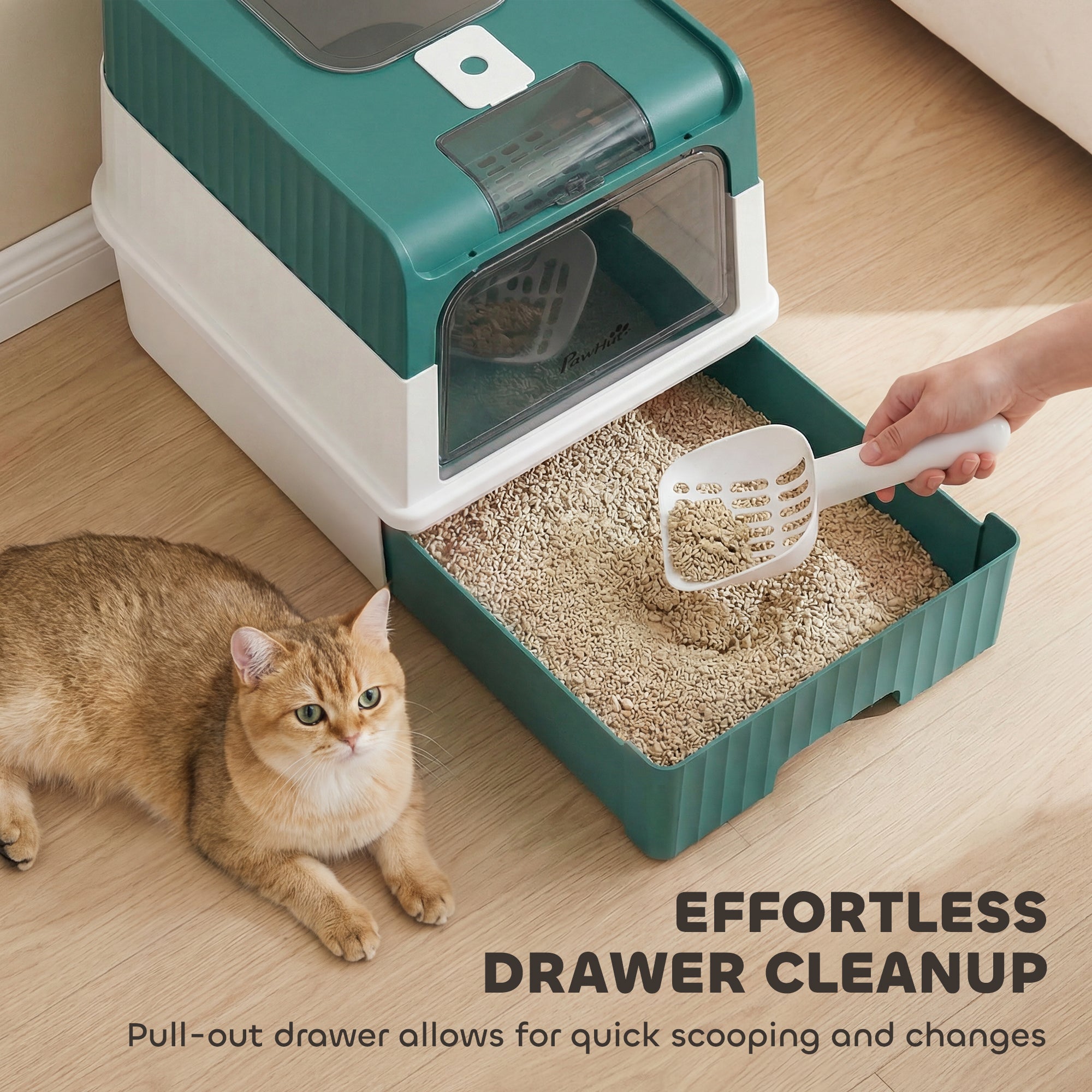 Cat Litter Box Hooded Cat Litter Tray with Drawer Pan Front Entry & Top Exit Easy Cleaning Teal