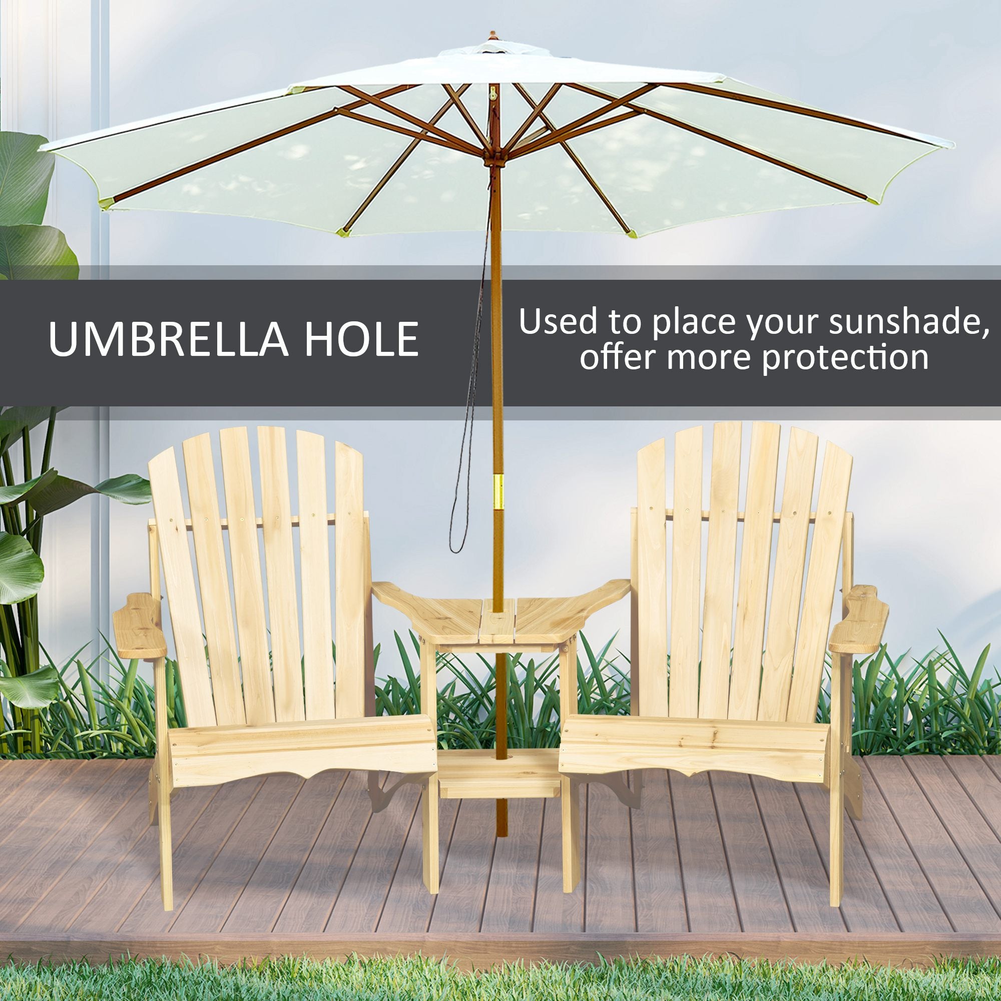 Fire Pit Seating, 2 Wooden Adirondack Chairs with Outdoor Table & Umbrella Hole, Wood 2 Person Adirondack Bench, Natural
