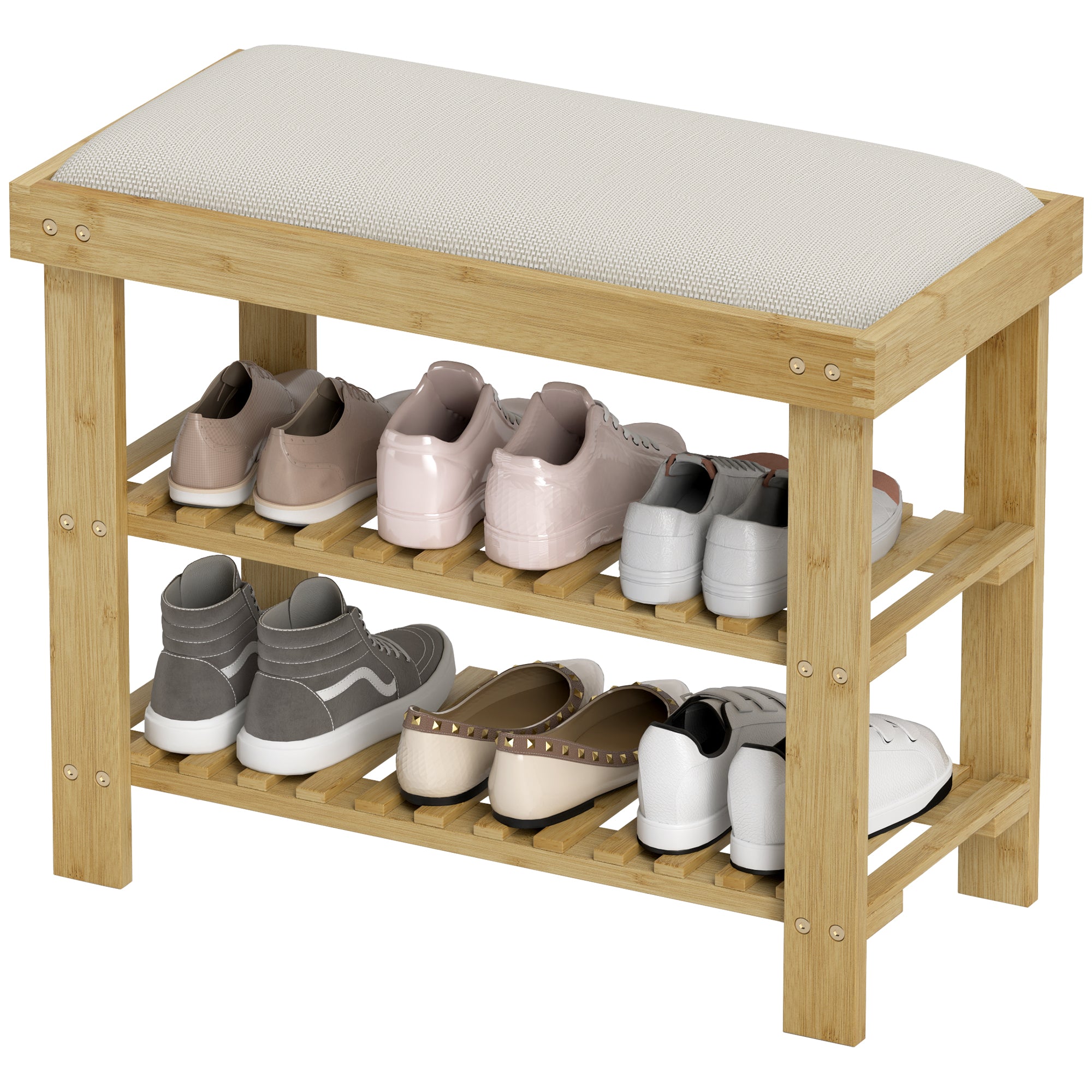 Bamboo Shoe Storage Bench, 3-Tier Entryway Bench with Cushion, Shoe Organizer for Entryway, Hallway, Natural