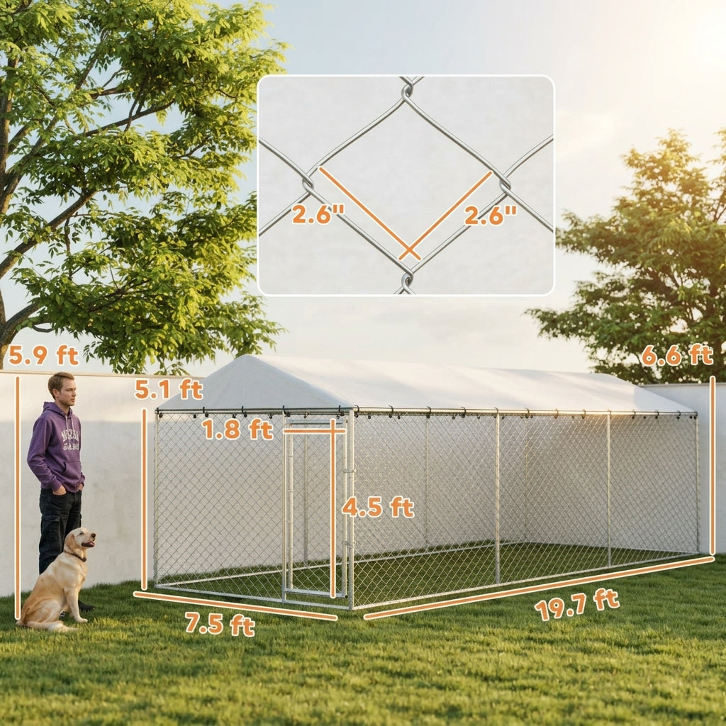 20' x 7.5' x 6.5' Dog Kennel Outdoor for Small Medium Large Dogs with Waterproof Roof, Silver