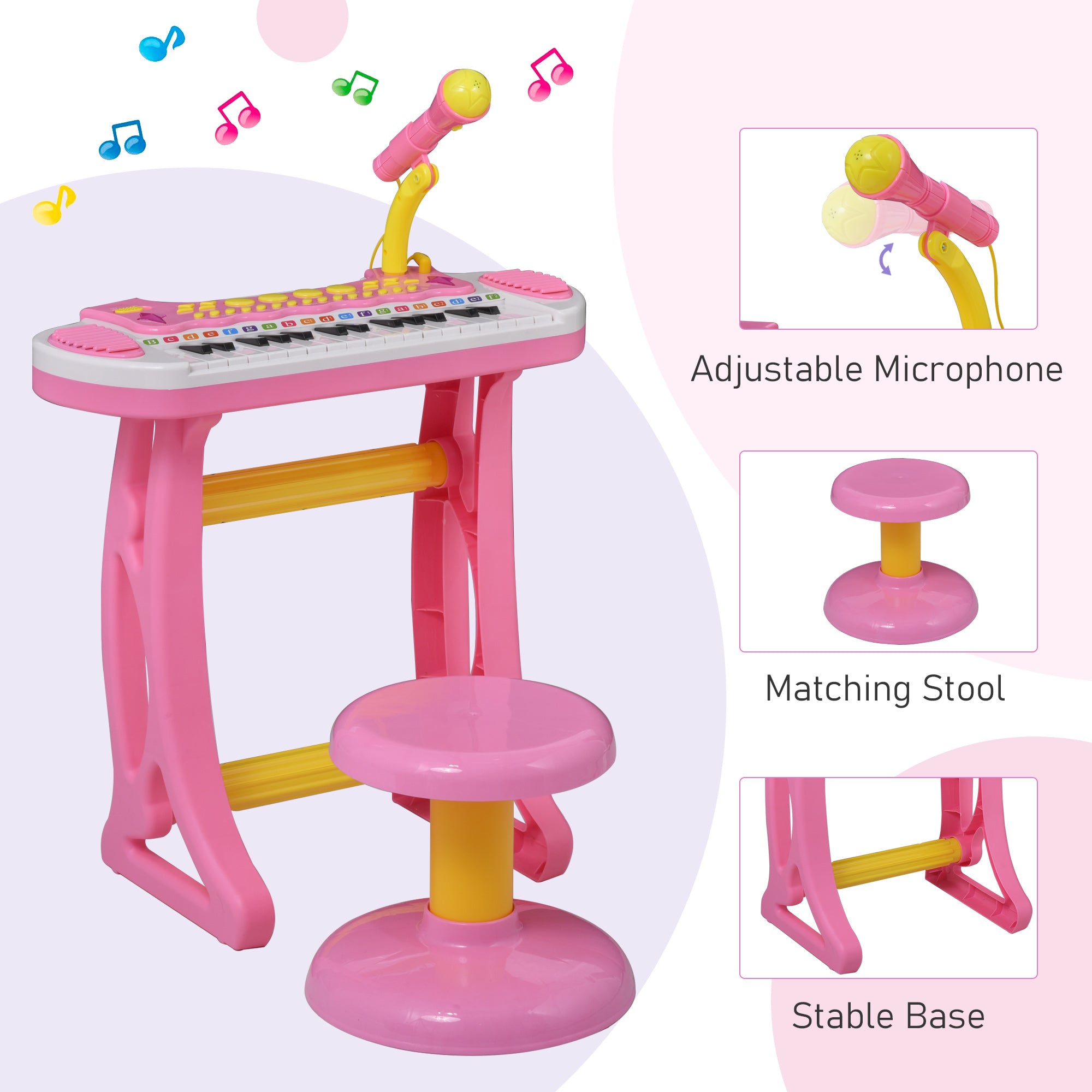 Kids Toy Keyboard Piano Toddler Electronic Instrument with Stool, Microphone and Bright Flashlight for Children Birth Gift, Pink