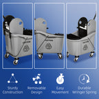 9.5 Gallon (38 Quart) Mop Bucket with Wringer Cleaning Cart, 4 Moving Wheels, Mop-Handle Holder & 2 Separate Buckets, Gray