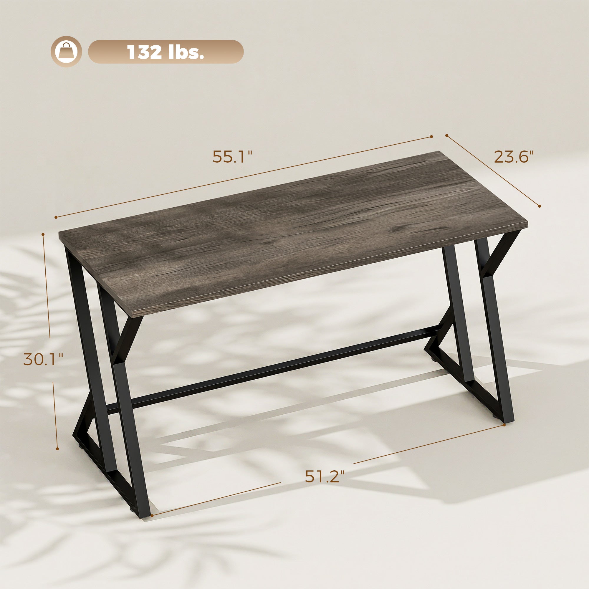 55 Inch Computer Desk, Industrial Writing Desk with Z-Shaped Metal Leg, Study Table for Home Office, Distressed Gray